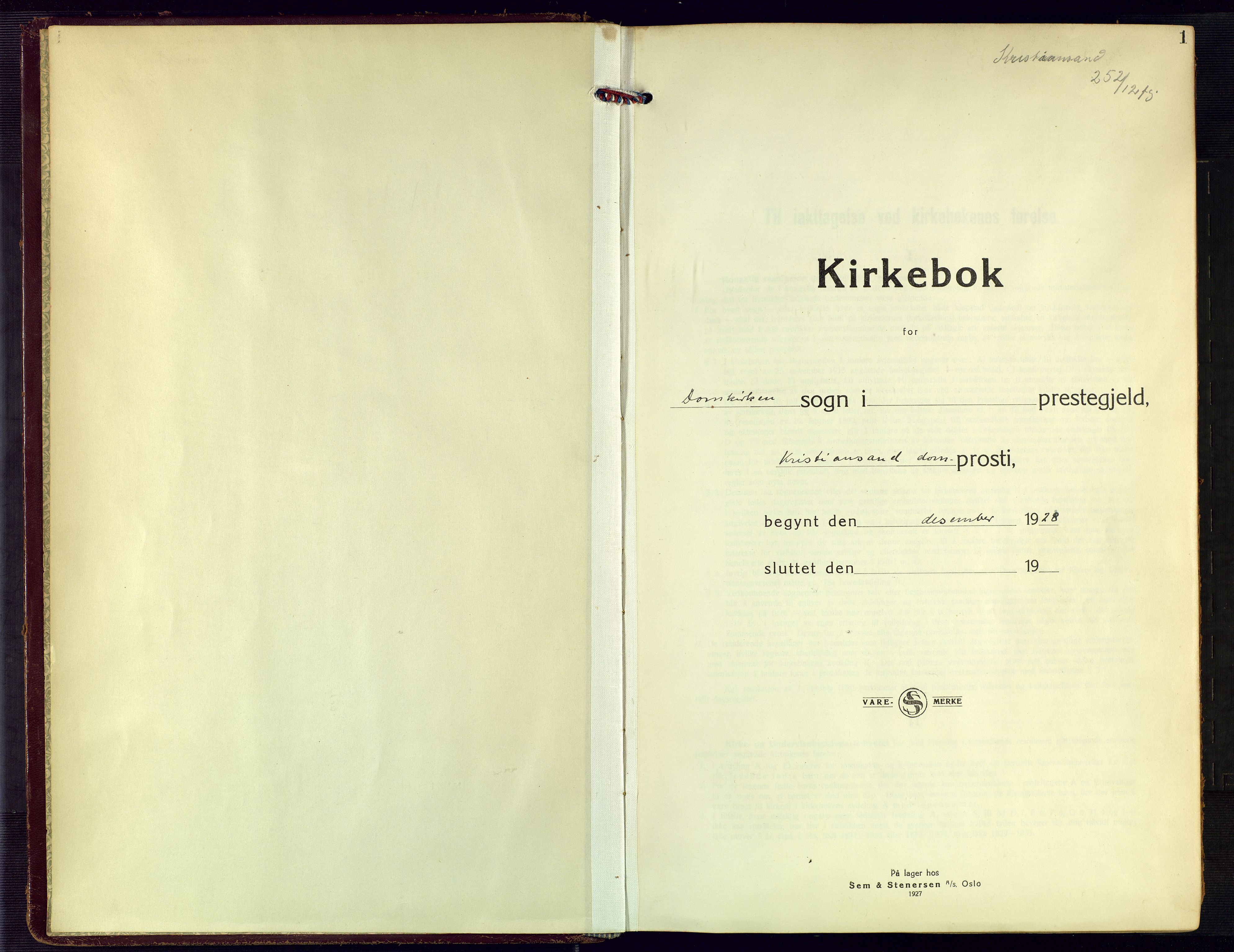 Kristiansand domprosti, SAK/1112-0006/F/Fa/L0027: Parish register (official) no. A 26, 1928-1940, p. 1