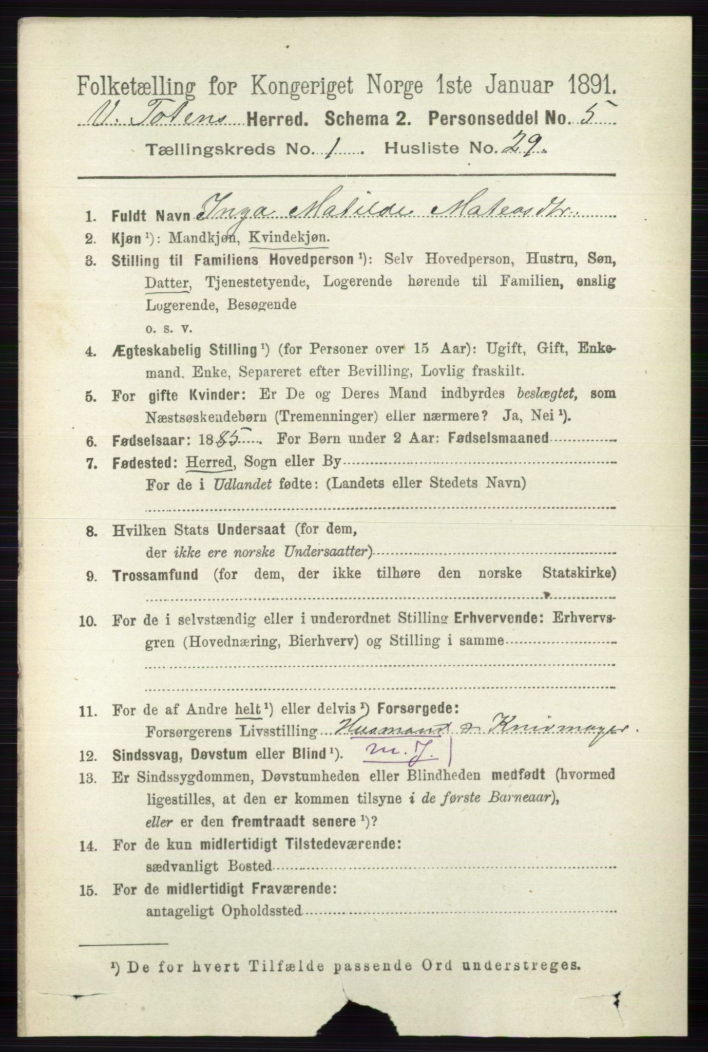 RA, 1891 census for 0529 Vestre Toten, 1891, p. 372