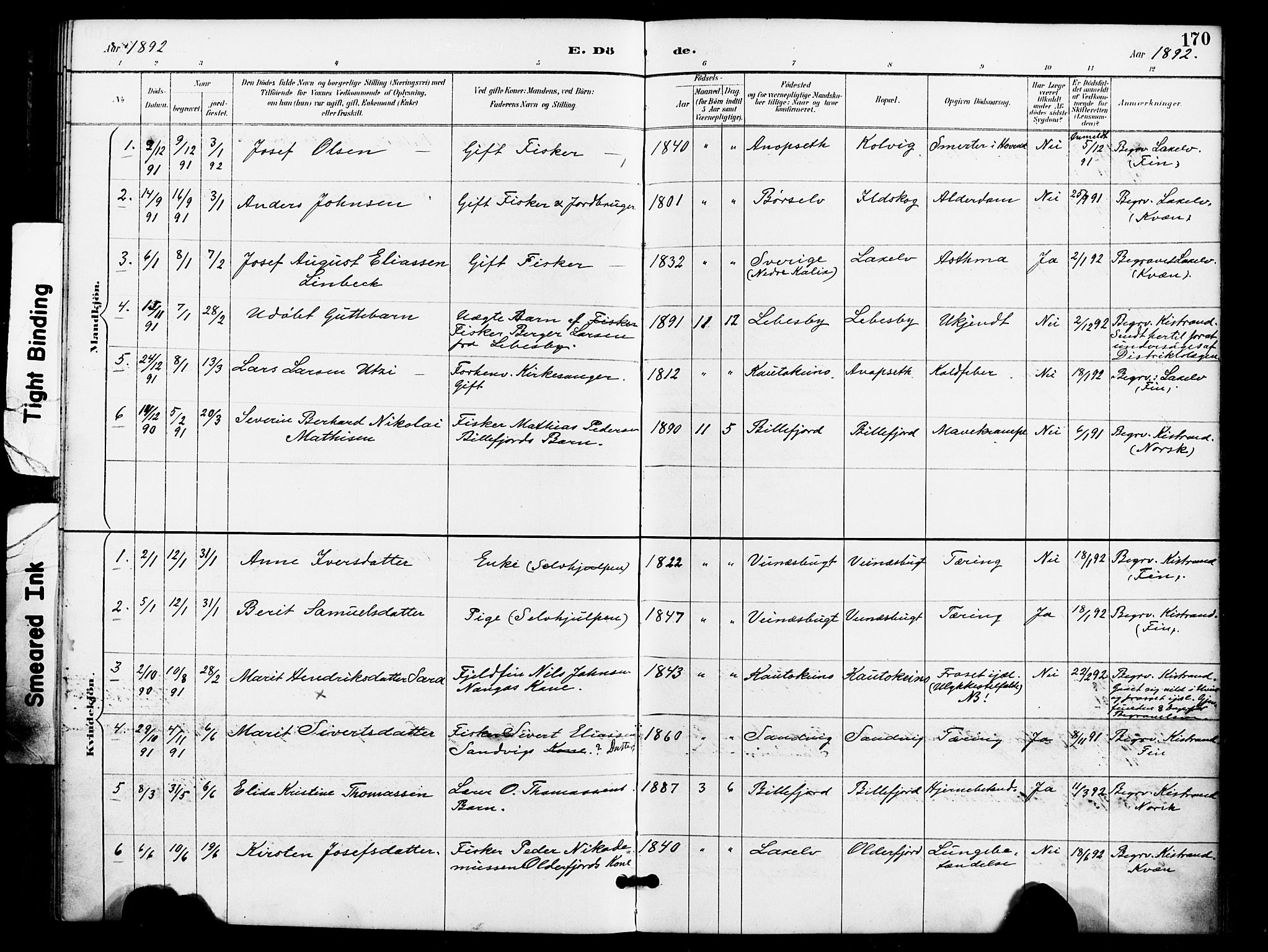 Kistrand/Porsanger sokneprestembete, AV/SATØ-S-1351/H/Ha/L0008.kirke: Parish register (official) no. 8, 1890-1898, p. 170