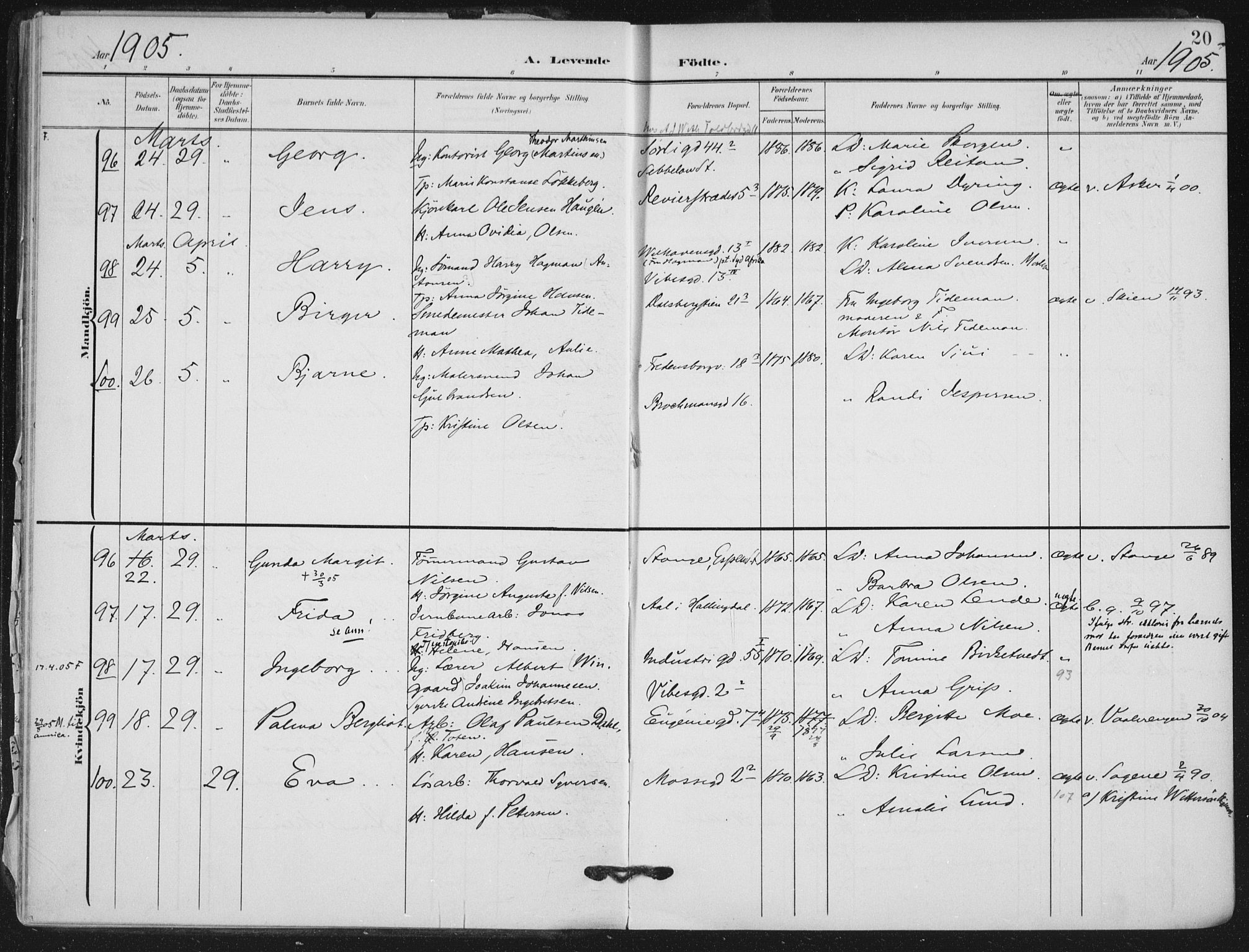 Rikshospitalet prestekontor Kirkebøker, SAO/A-10309b/F/L0013: Parish register (official) no. 13, 1905-1908, p. 20