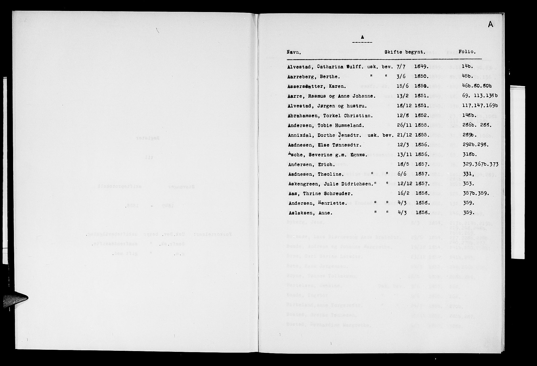 Stavanger byfogd, SAST/A-101408/001/5/50/503BB/L0011B: Register til skifteprotokoll, 1849-1858