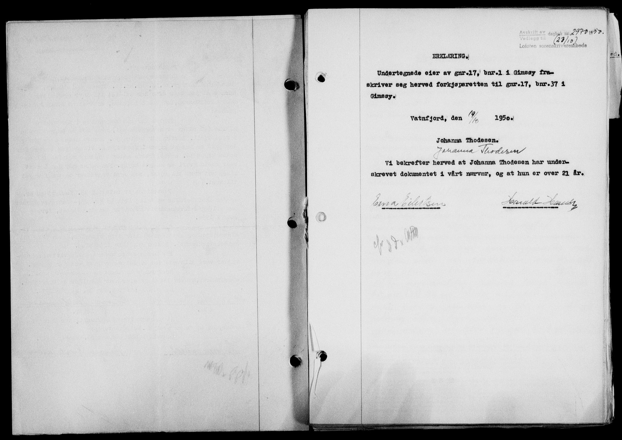 Lofoten sorenskriveri, SAT/A-0017/1/2/2C/L0024a: Mortgage book no. 24a, 1950-1950, Diary no: : 2970/1950