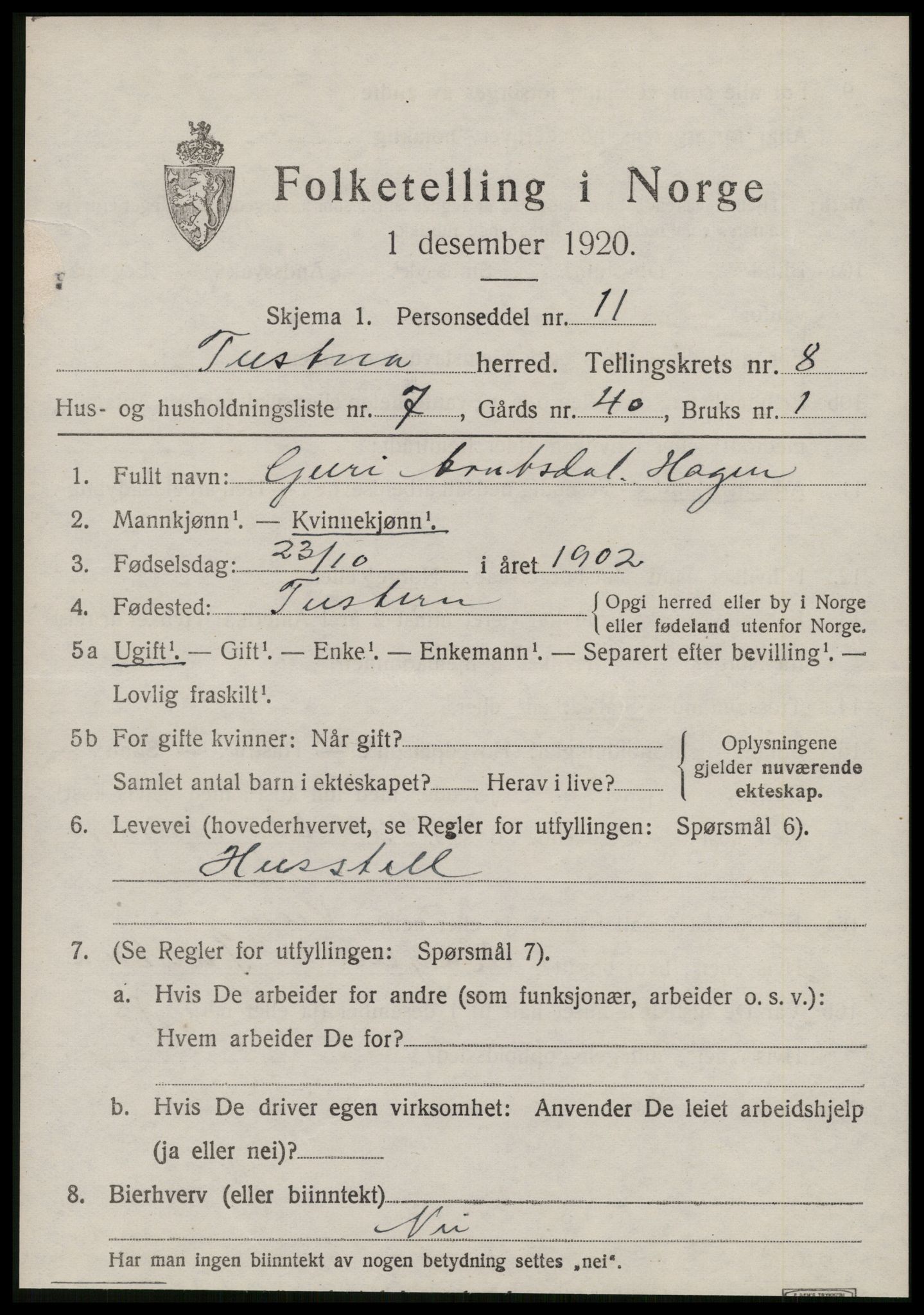 SAT, 1920 census for Tustna, 1920, p. 3685