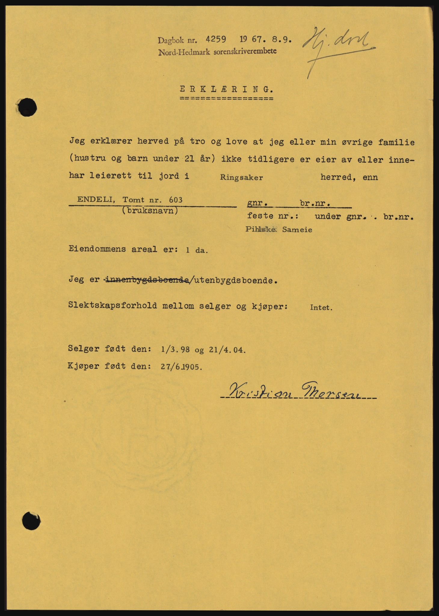Nord-Hedmark sorenskriveri, SAH/TING-012/H/Hc/L0026: Mortgage book no. 26, 1967-1967, Diary no: : 4246/1967