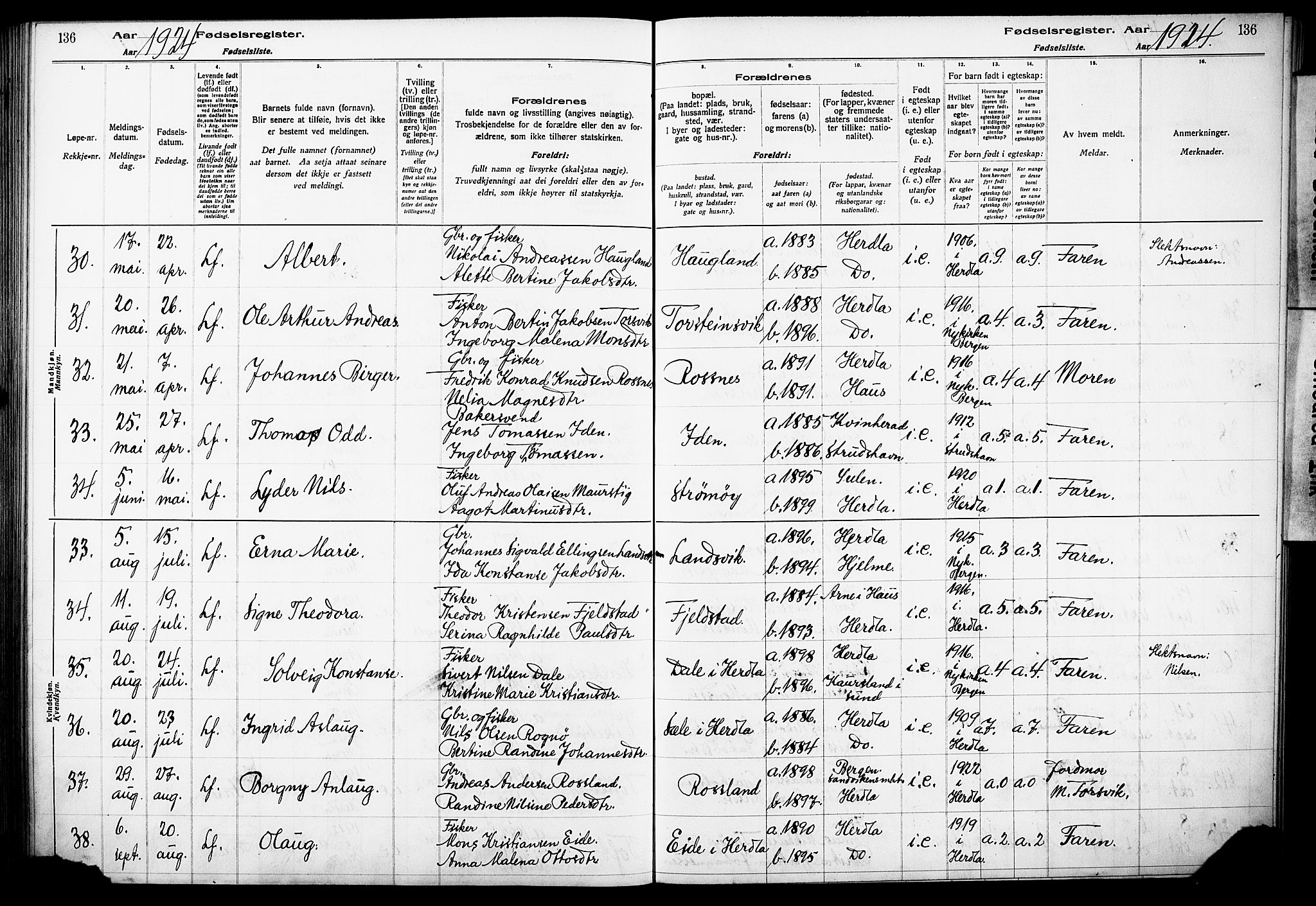 Herdla Sokneprestembete, AV/SAB-A-75701/I/Id/L00A1: Birth register no. A 1, 1916-1929, p. 136