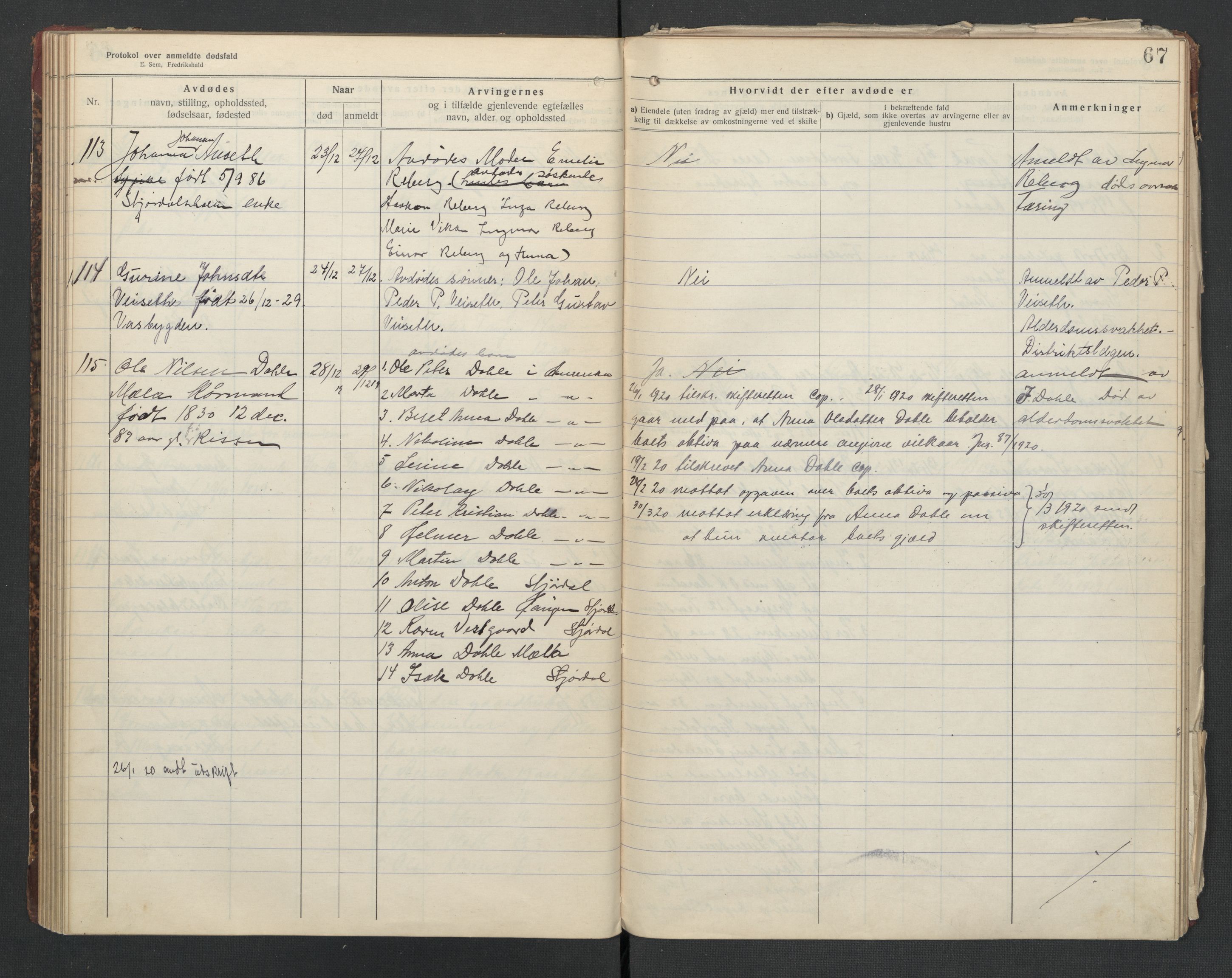 Nedre Stjørdal lensmannskontor, SAT/A-1044/02/L0004: 2.01.04 Dødsfallsprotokoller, 1917-1921, p. 67