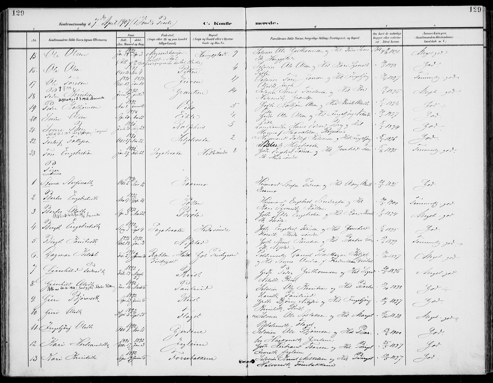 Gol kirkebøker, SAKO/A-226/F/Fa/L0006: Parish register (official) no. I 6, 1901-1918, p. 129