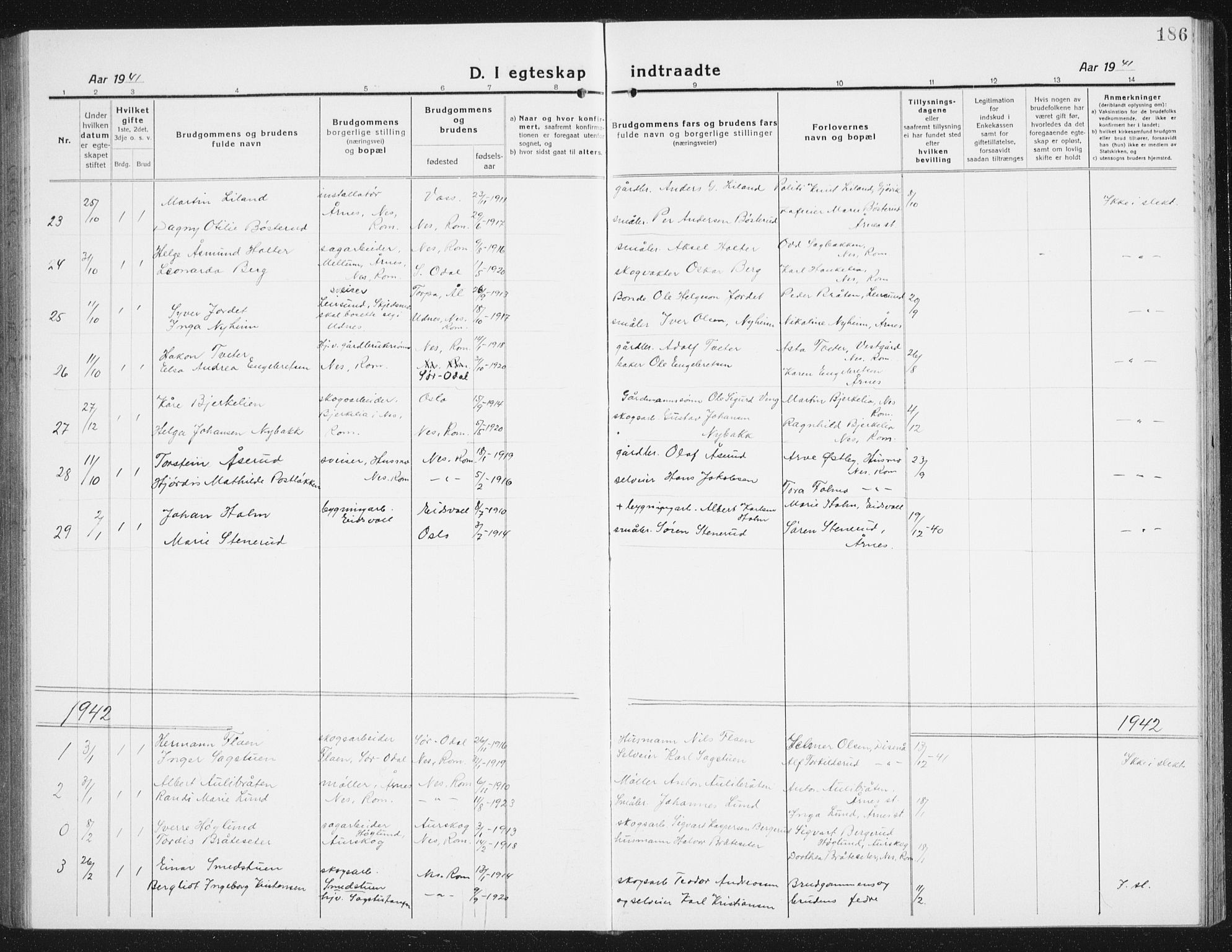 Nes prestekontor Kirkebøker, AV/SAO-A-10410/G/Gc/L0002: Parish register (copy) no. III 2, 1915-1943, p. 186