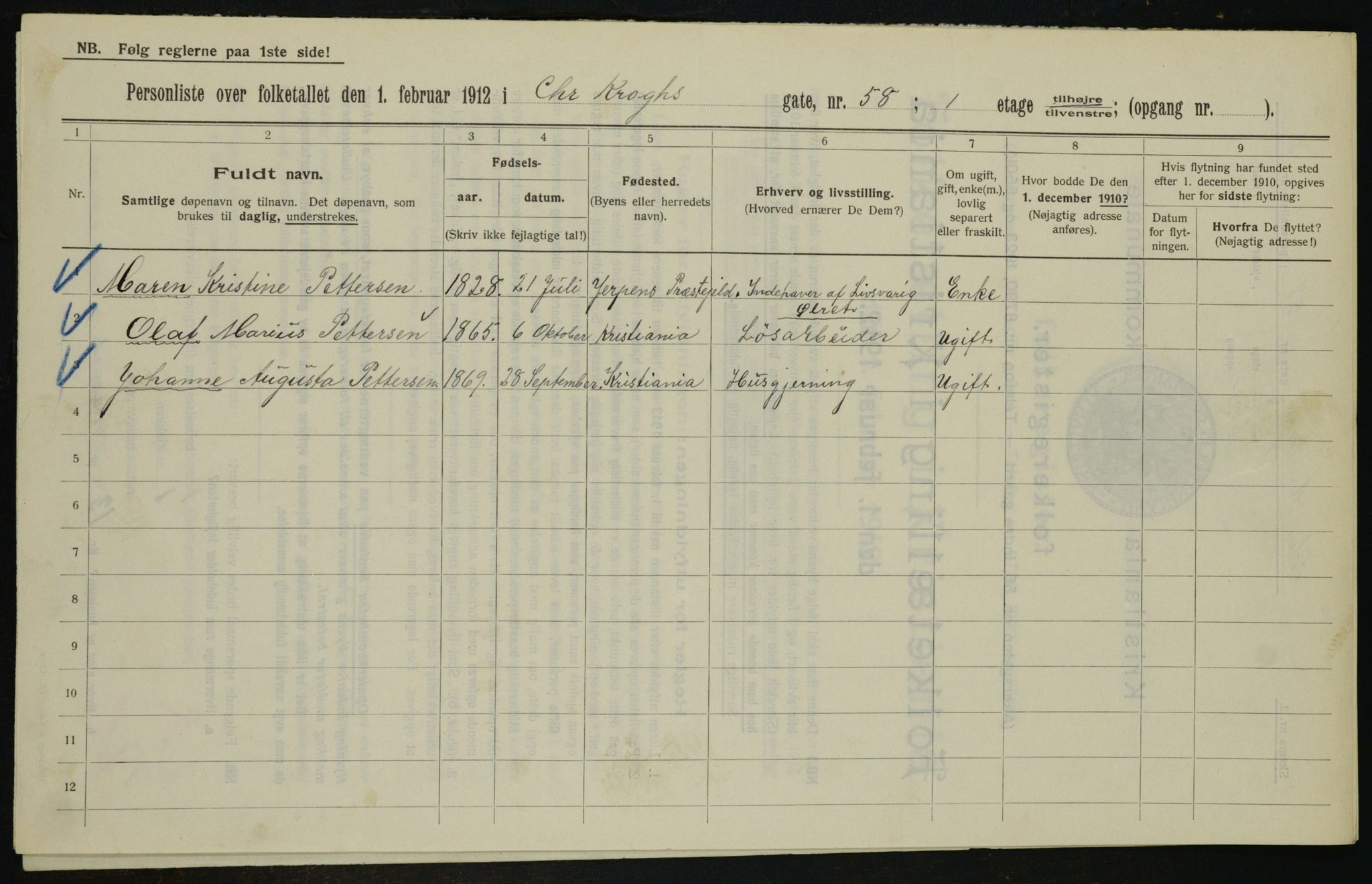 OBA, Municipal Census 1912 for Kristiania, 1912, p. 12218