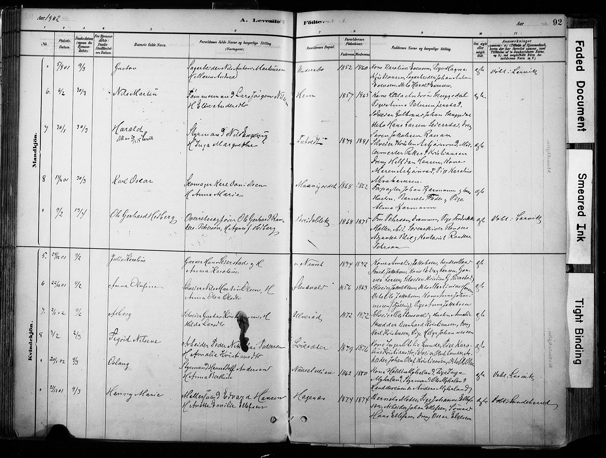 Hedrum kirkebøker, AV/SAKO-A-344/F/Fa/L0009: Parish register (official) no. I 9, 1881-1903, p. 92