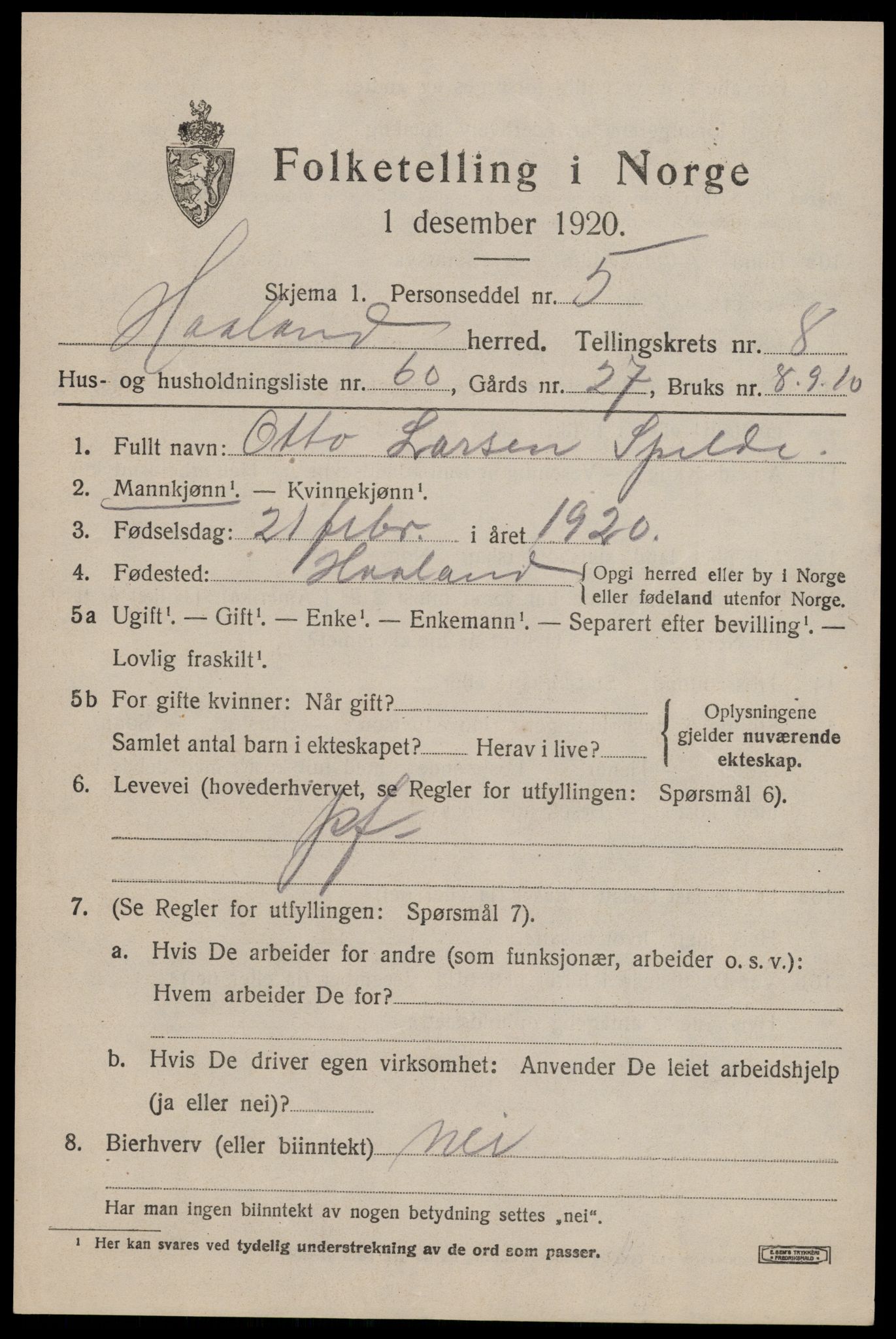 SAST, 1920 census for Håland, 1920, p. 7015