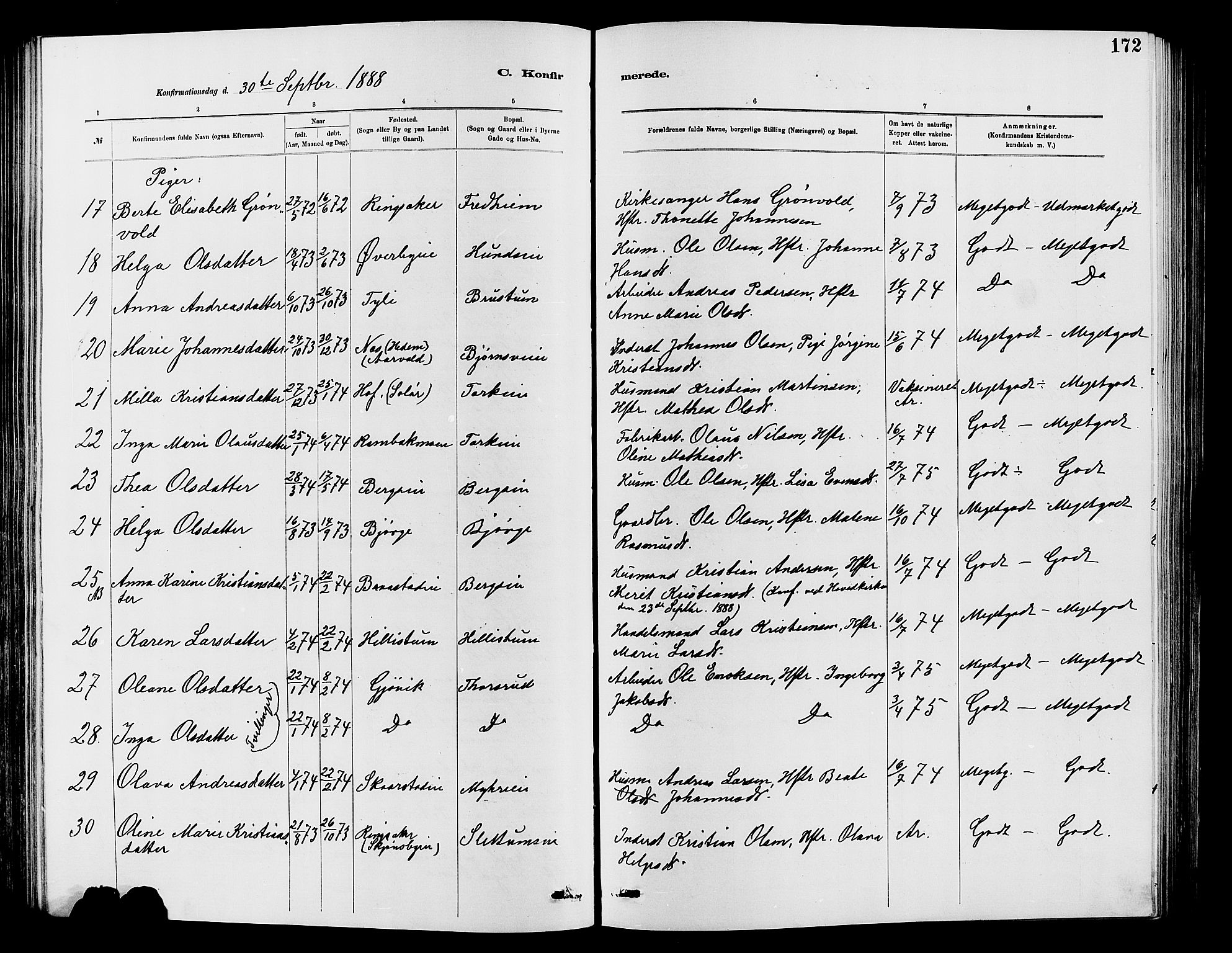 Vardal prestekontor, SAH/PREST-100/H/Ha/Hab/L0007: Parish register (copy) no. 7 /1, 1881-1895, p. 172