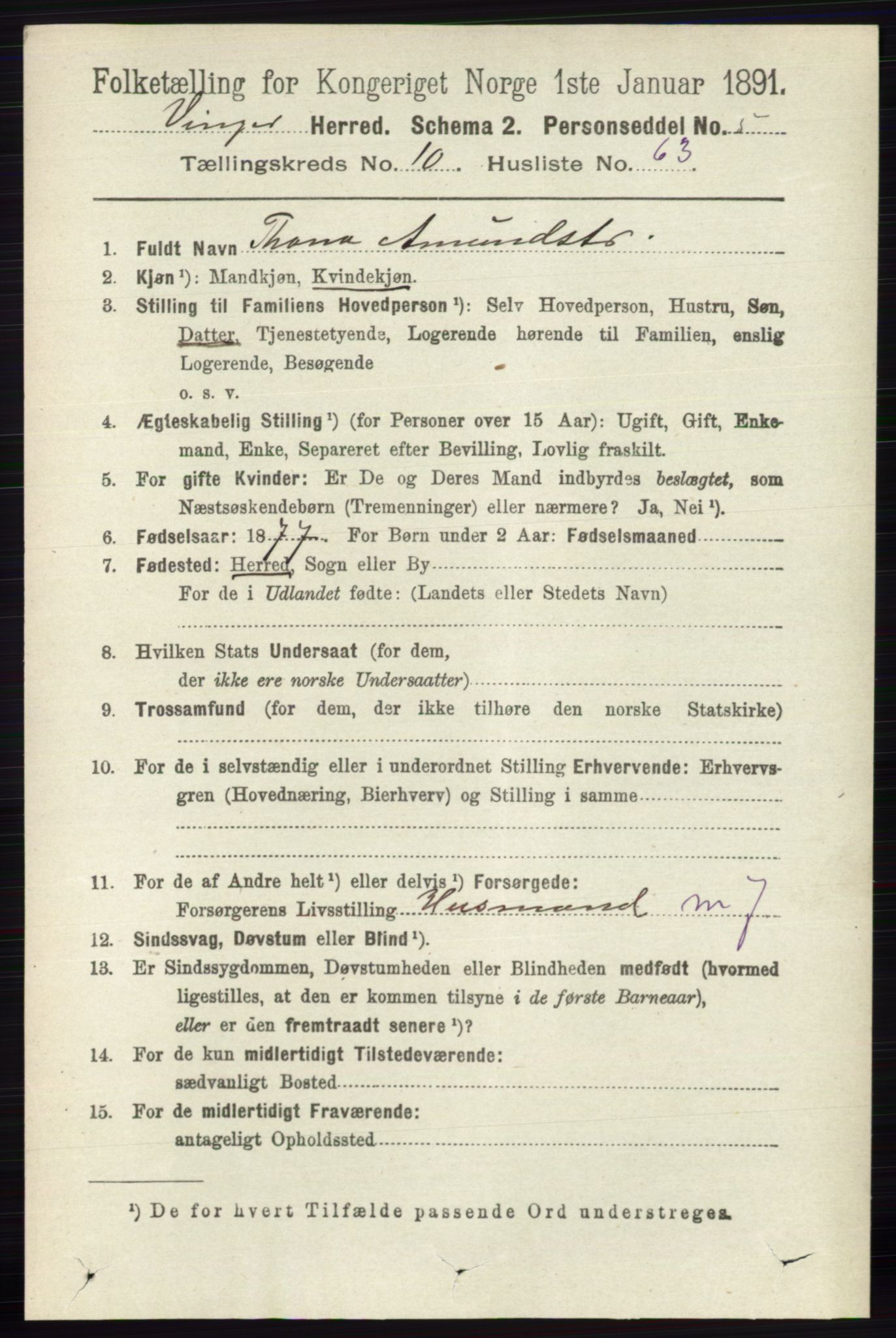 RA, 1891 census for 0421 Vinger, 1891, p. 5268