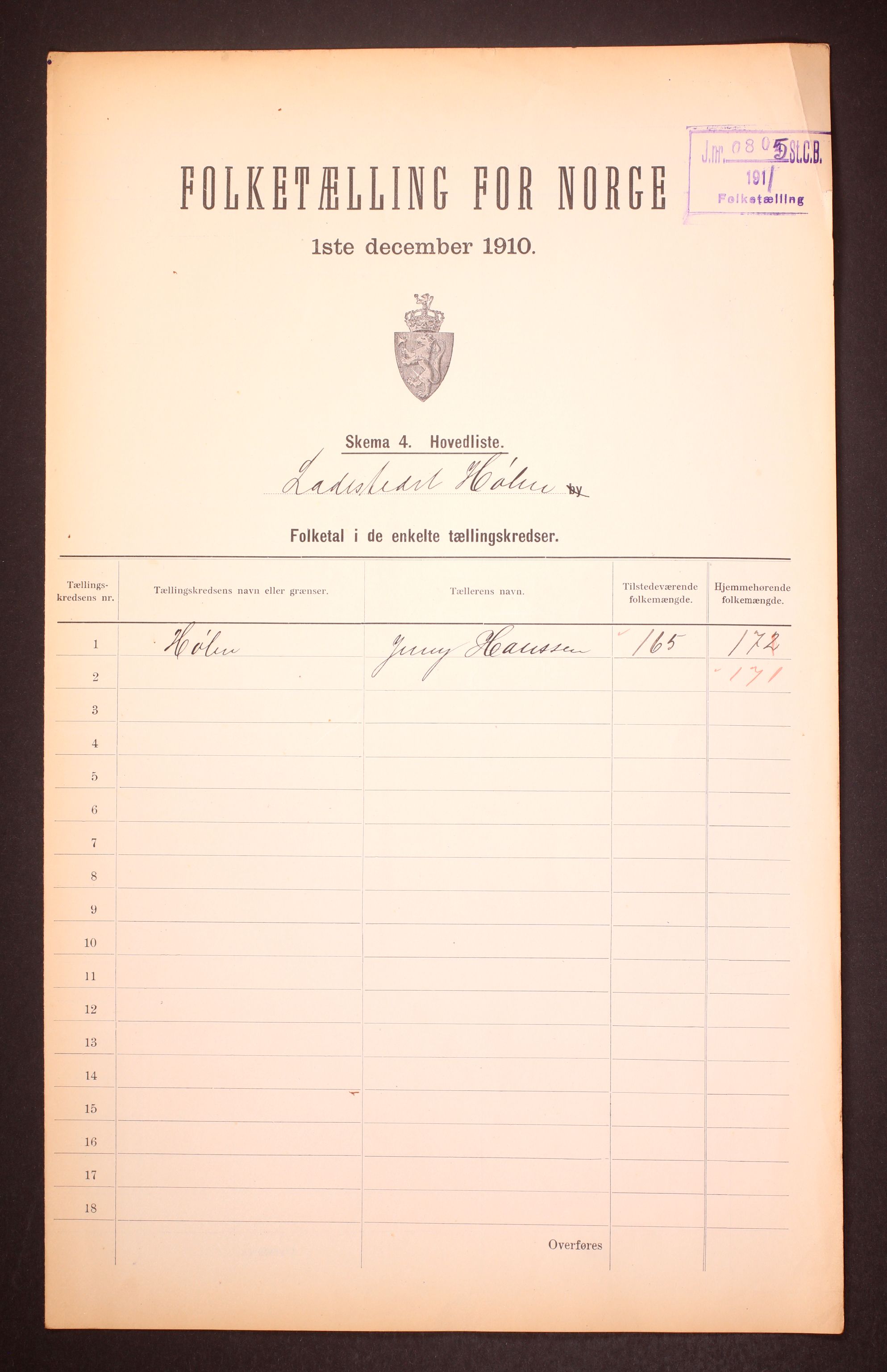 RA, 1910 census for Hølen, 1910, p. 2