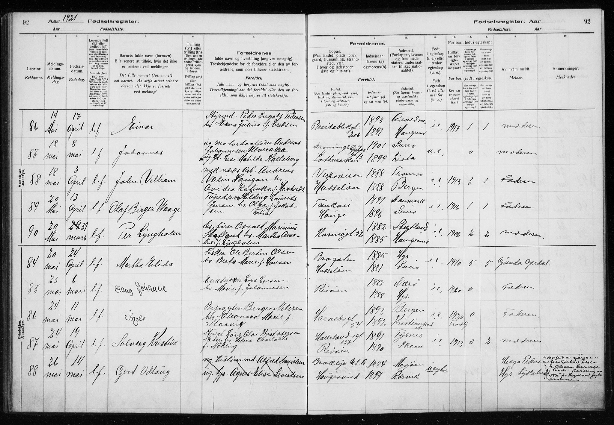 Haugesund sokneprestkontor, SAST/A -101863/I/Id/L0004: Birth register no. 2, 1919-1923, p. 92