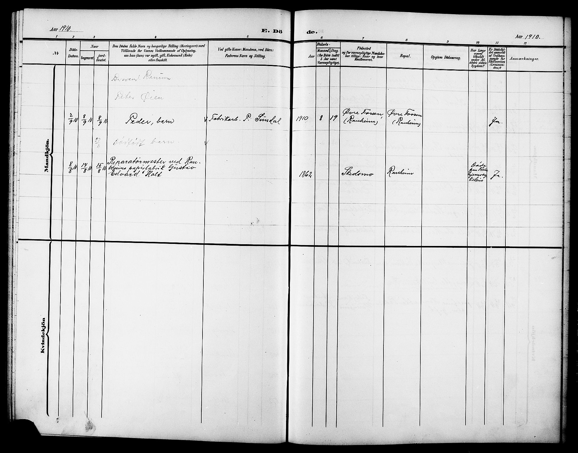 Ministerialprotokoller, klokkerbøker og fødselsregistre - Sør-Trøndelag, AV/SAT-A-1456/615/L0400: Parish register (copy) no. 615C01, 1905-1921