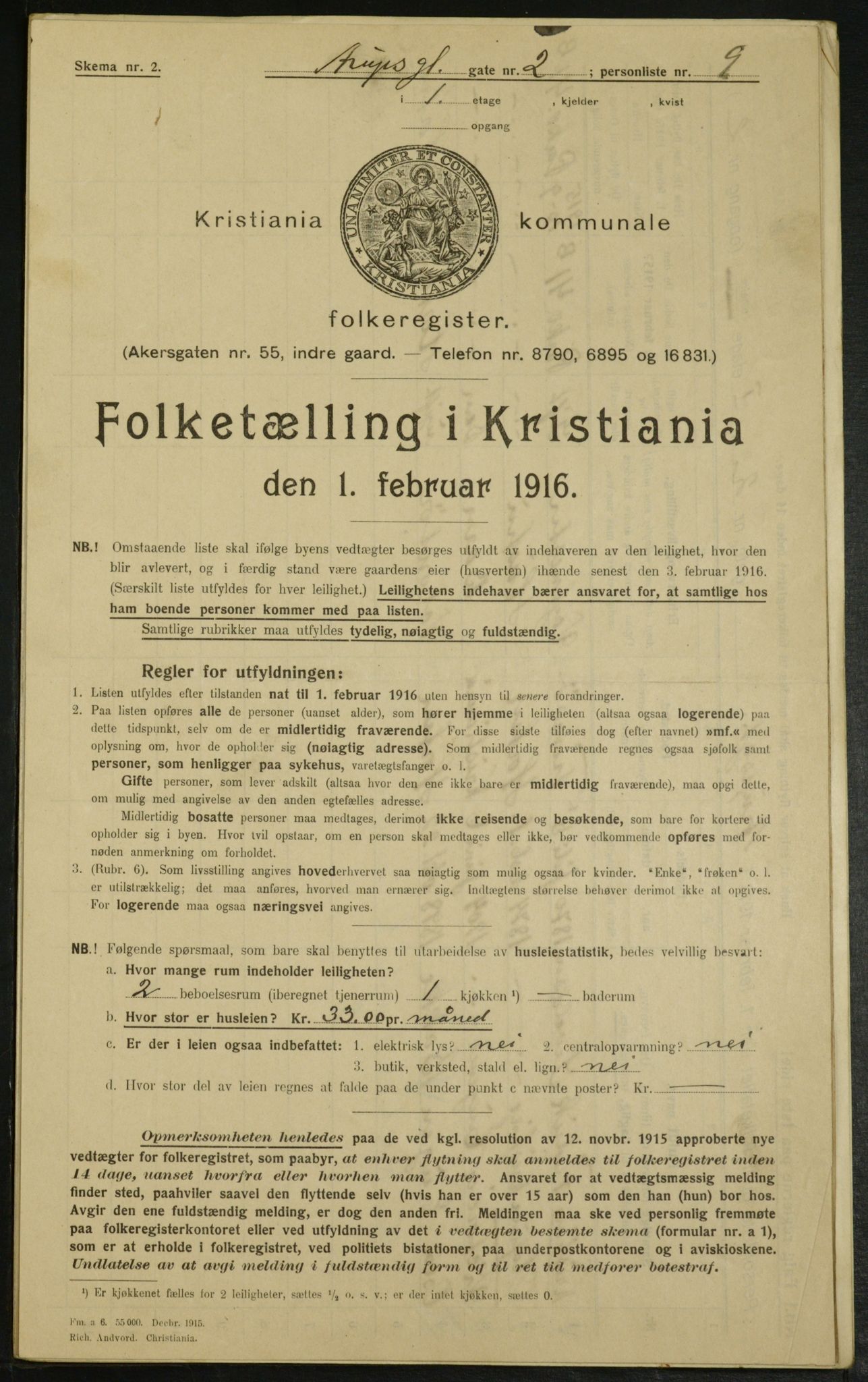 OBA, Municipal Census 1916 for Kristiania, 1916, p. 2252