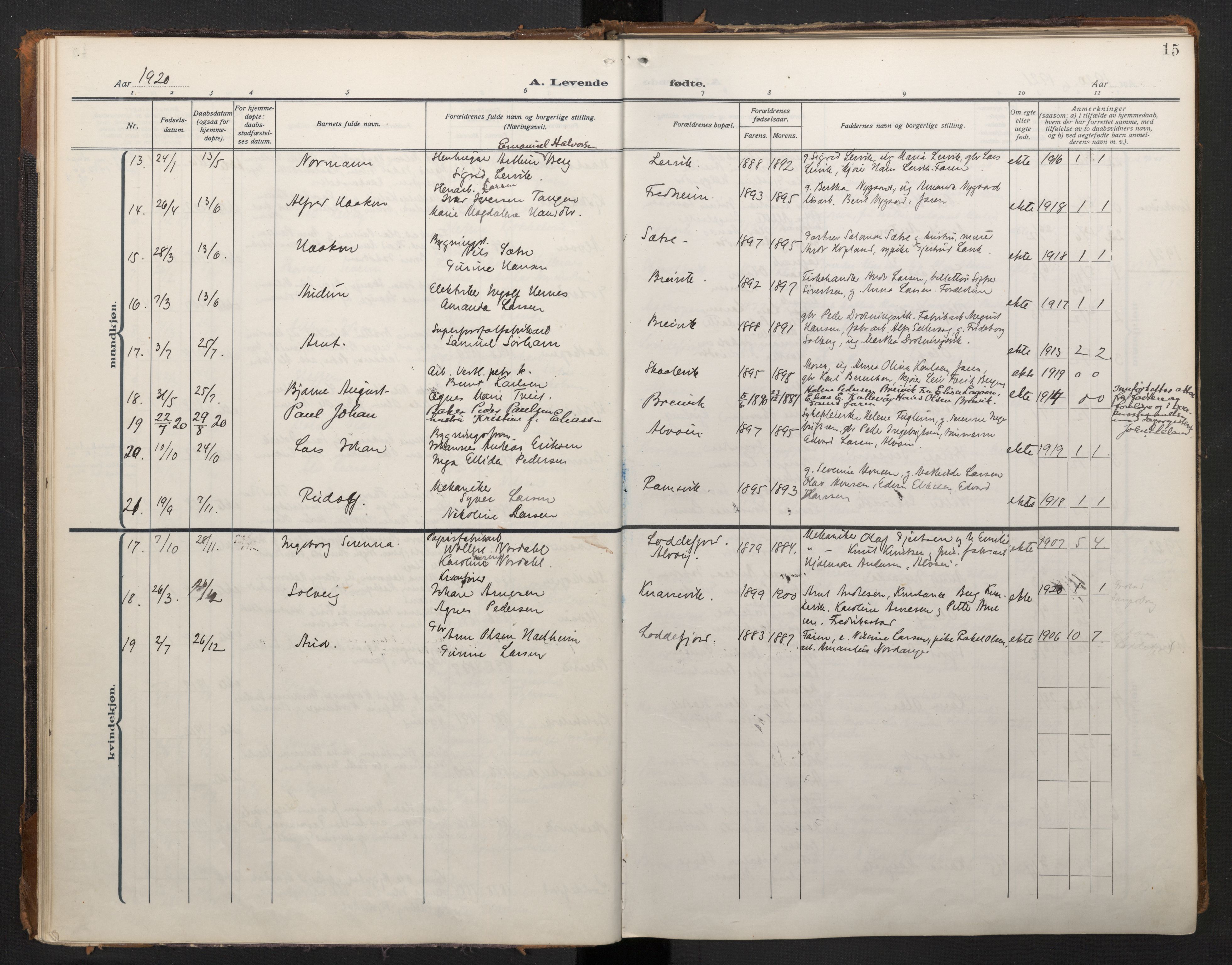 Laksevåg Sokneprestembete, AV/SAB-A-76501/H/Ha/Haa/Haah/L0001: Parish register (official) no. H 1, 1915-1934, p. 15