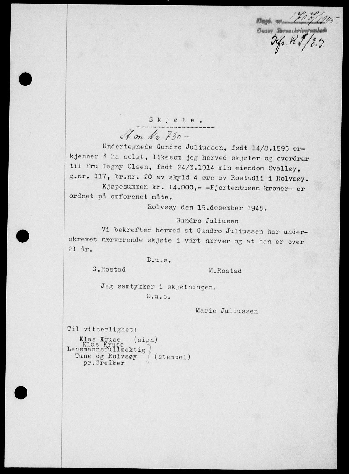 Onsøy sorenskriveri, SAO/A-10474/G/Ga/Gab/L0015: Mortgage book no. II A-15, 1945-1946, Diary no: : 1707/1945