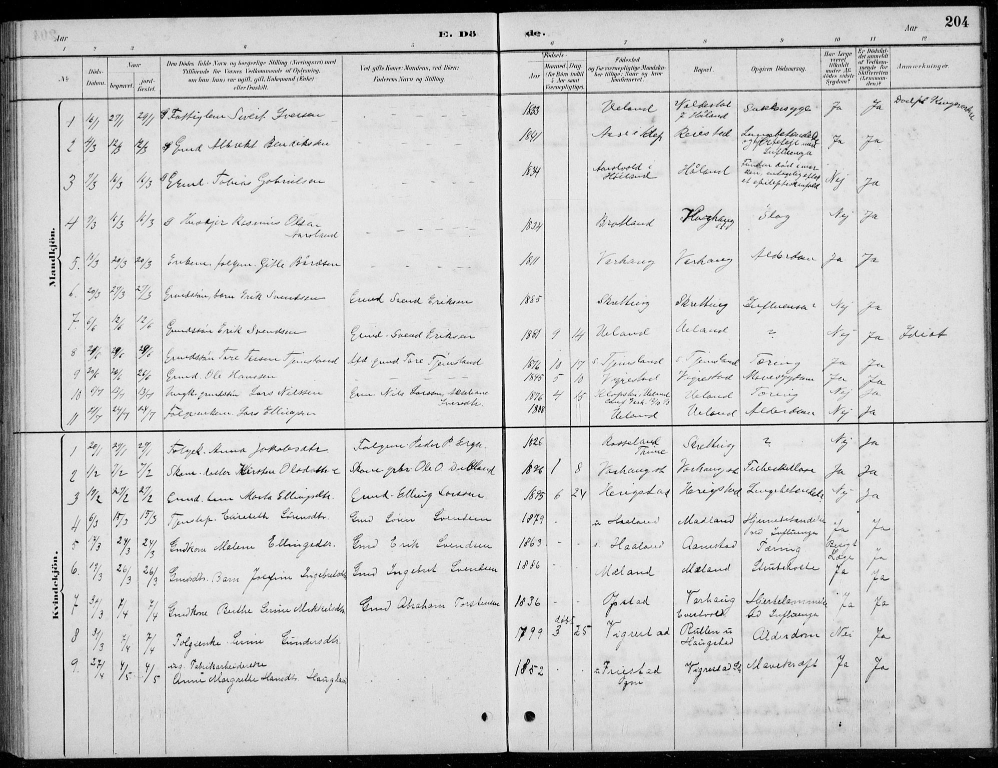 Hå sokneprestkontor, SAST/A-101801/001/30BB/L0004: Parish register (copy) no. B 4, 1883-1899, p. 204