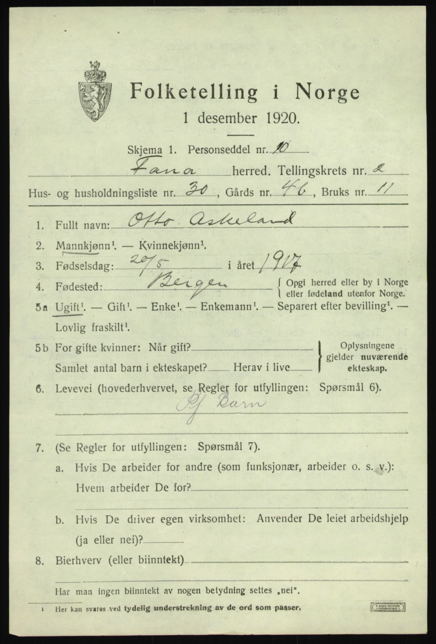 SAB, 1920 census for Fana, 1920, p. 4827