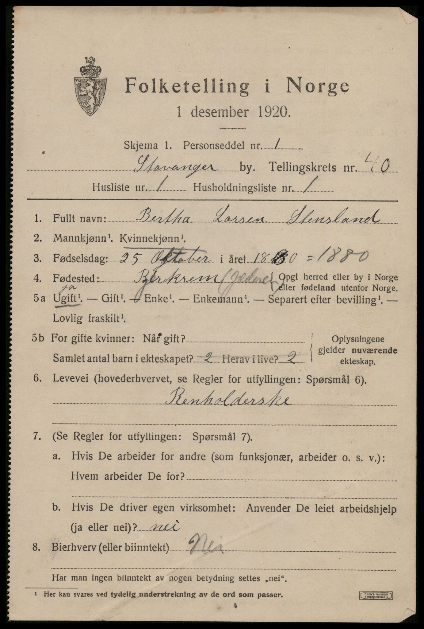 SAST, 1920 census for Stavanger, 1920, p. 102196