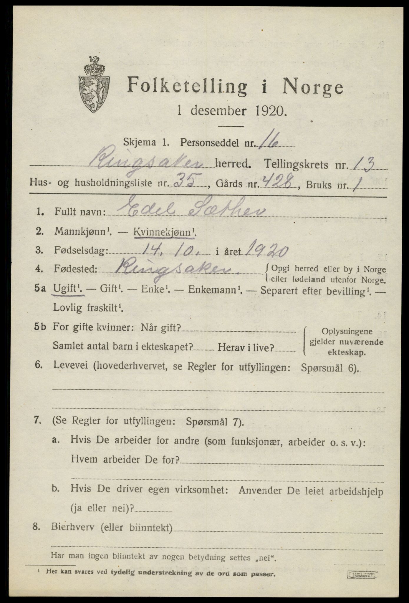 SAH, 1920 census for Ringsaker, 1920, p. 21118