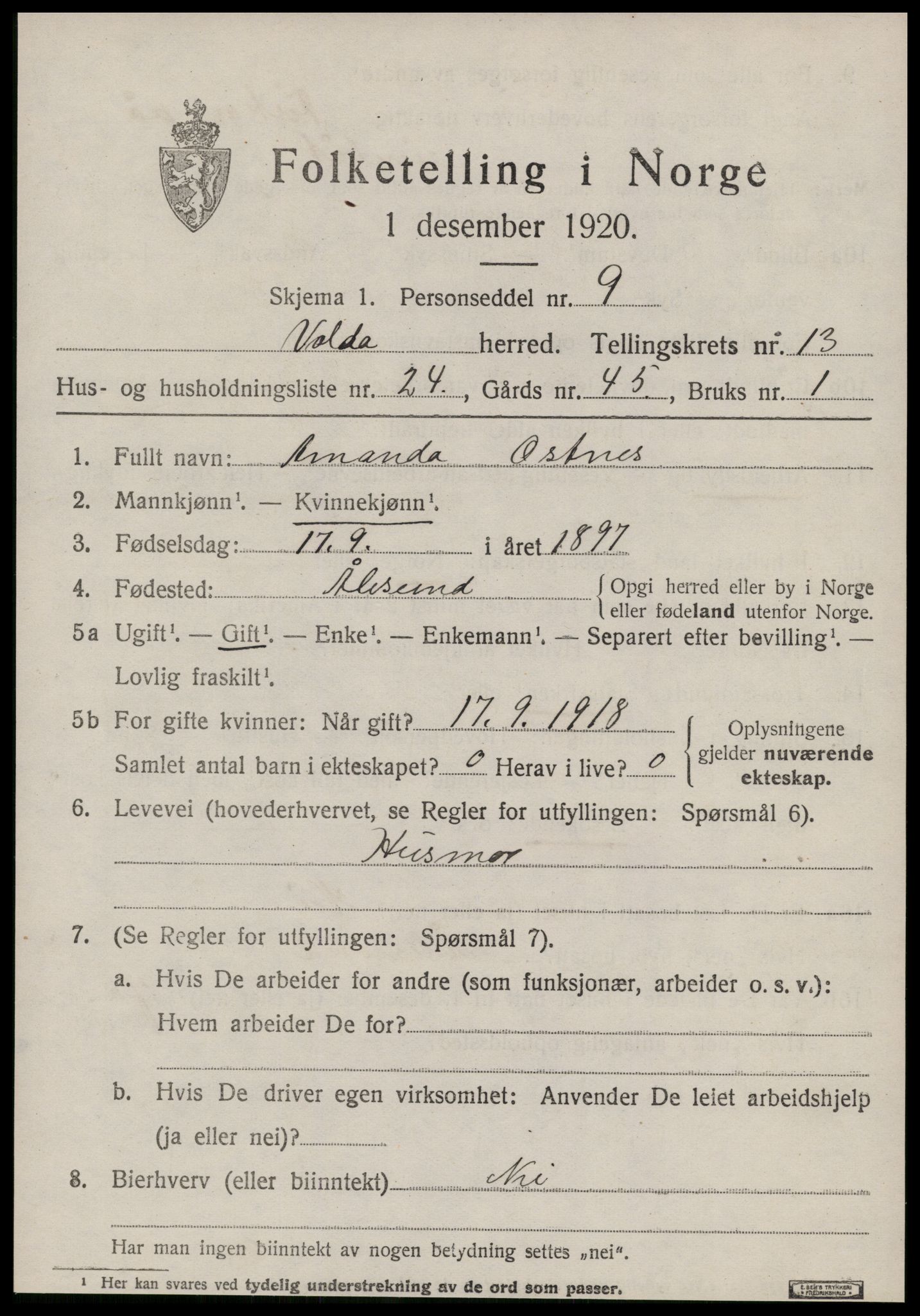 SAT, 1920 census for Volda, 1920, p. 8636