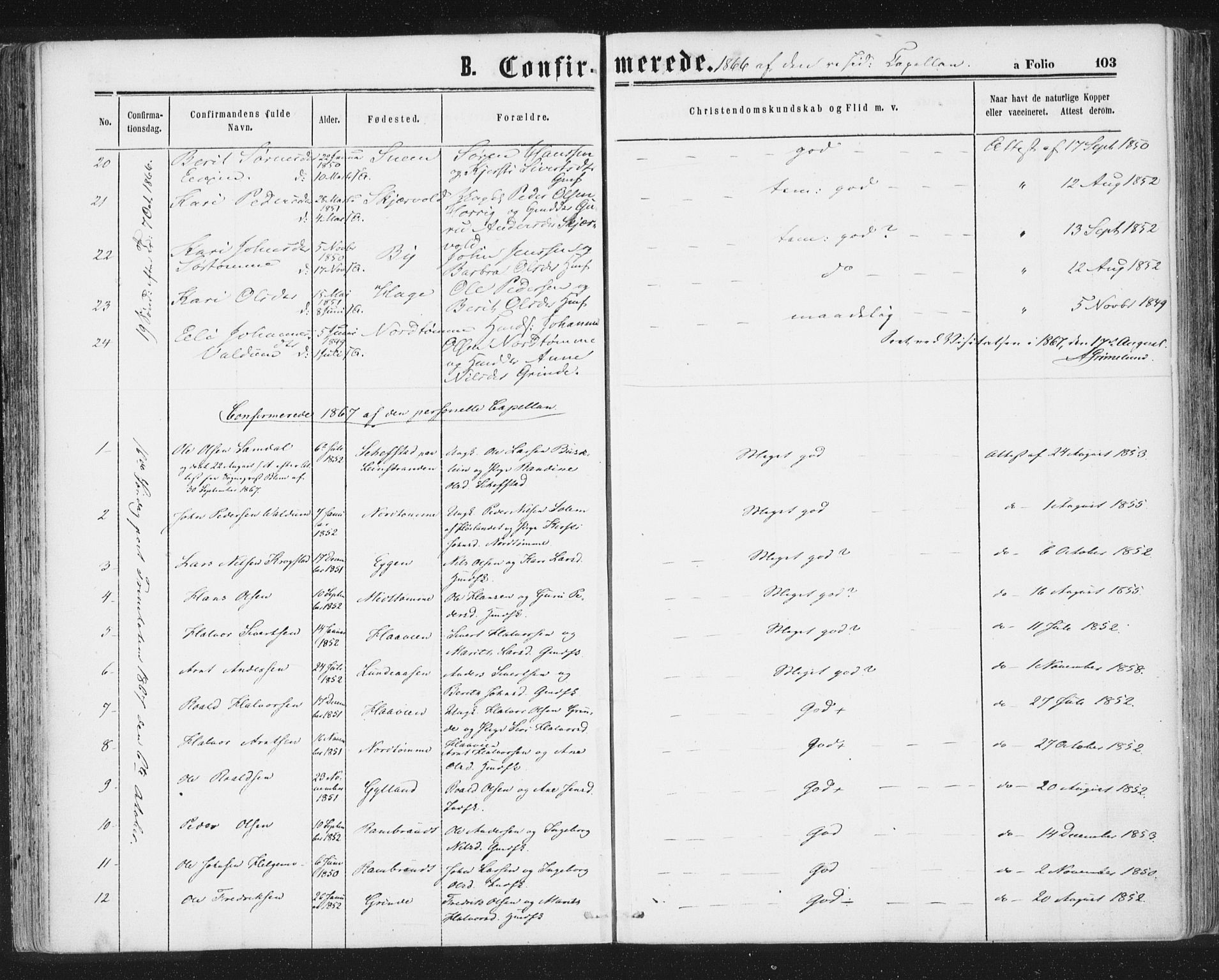 Ministerialprotokoller, klokkerbøker og fødselsregistre - Sør-Trøndelag, SAT/A-1456/692/L1104: Parish register (official) no. 692A04, 1862-1878, p. 103