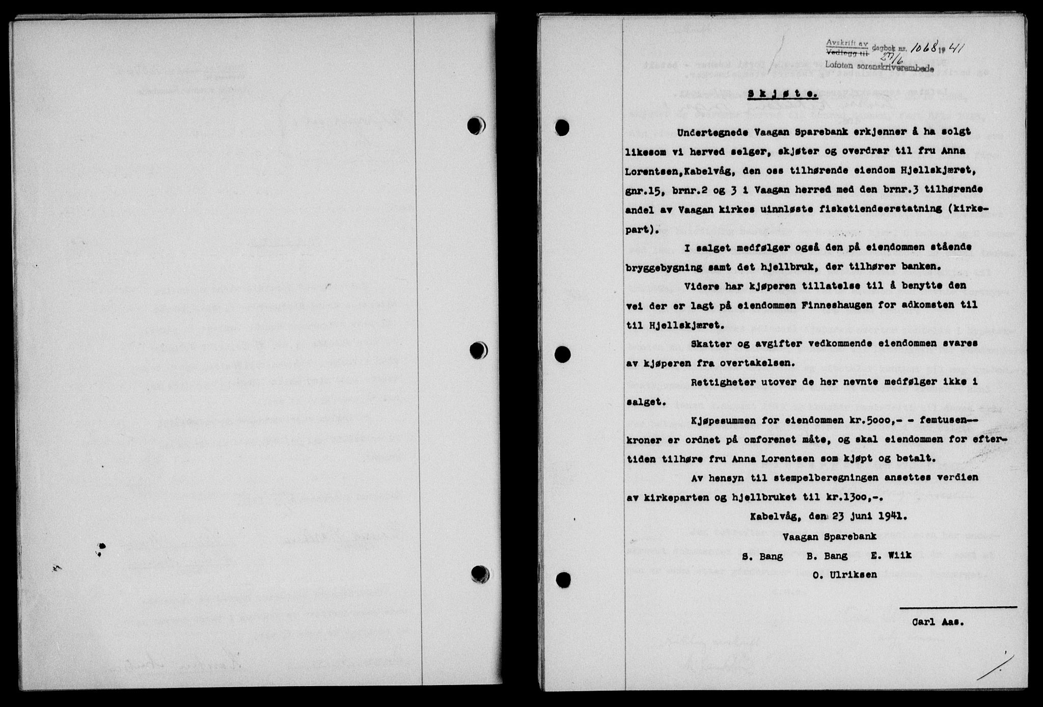 Lofoten sorenskriveri, SAT/A-0017/1/2/2C/L0008a: Mortgage book no. 8a, 1940-1941, Diary no: : 1068/1941