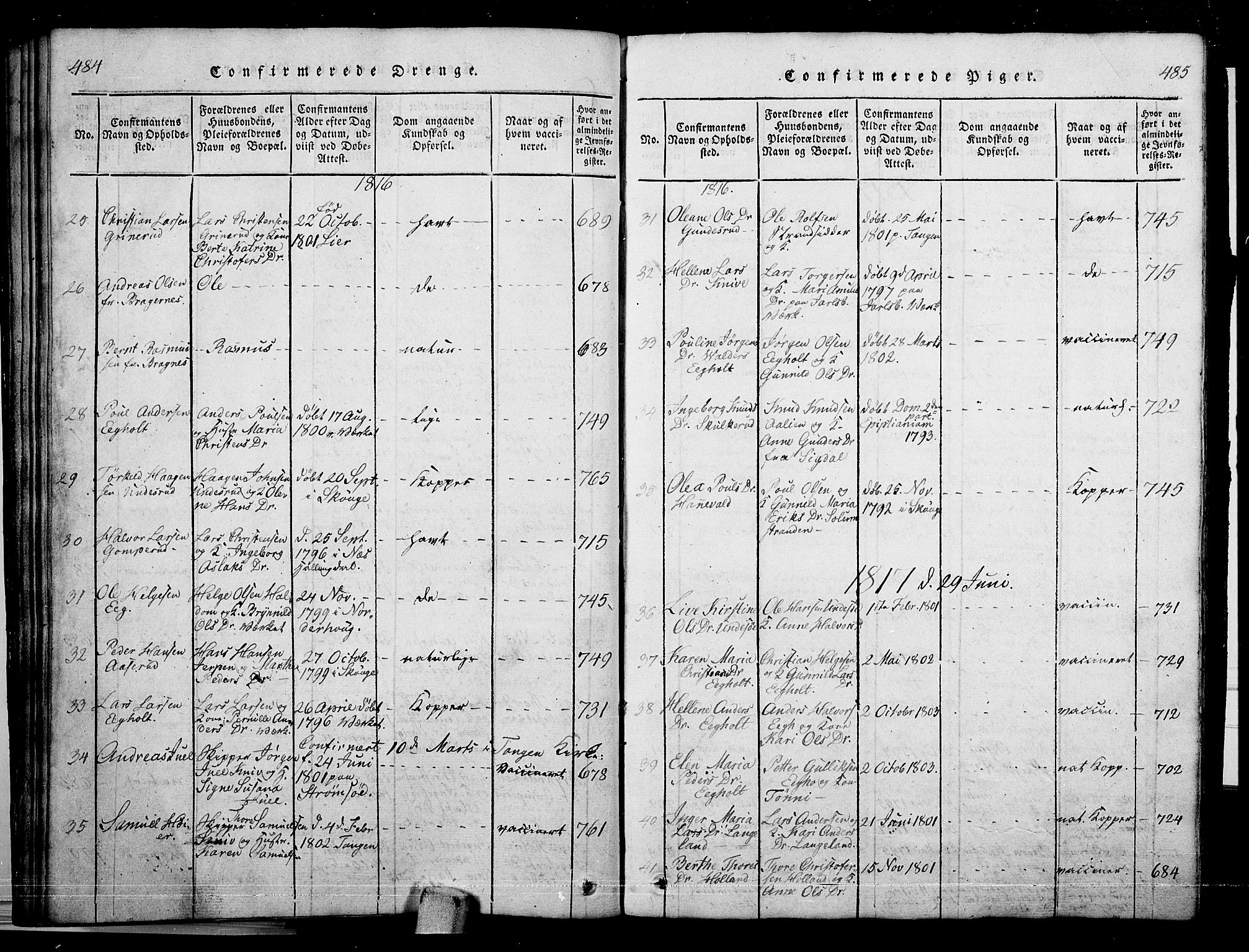 Skoger kirkebøker, SAKO/A-59/G/Ga/L0001: Parish register (copy) no. I 1, 1814-1845, p. 484-485