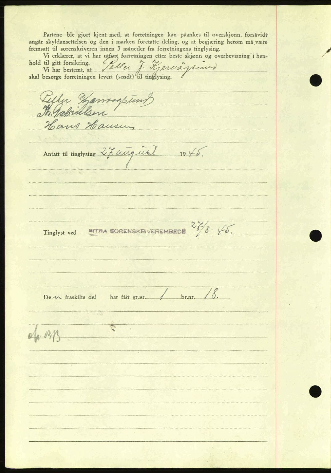 Hitra sorenskriveri, AV/SAT-A-0018/2/2C/2Ca: Mortgage book no. A2, 1943-1945, Diary no: : 465/1945