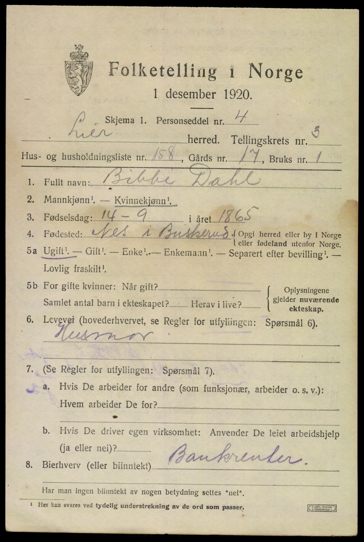 SAKO, 1920 census for Lier, 1920, p. 9666