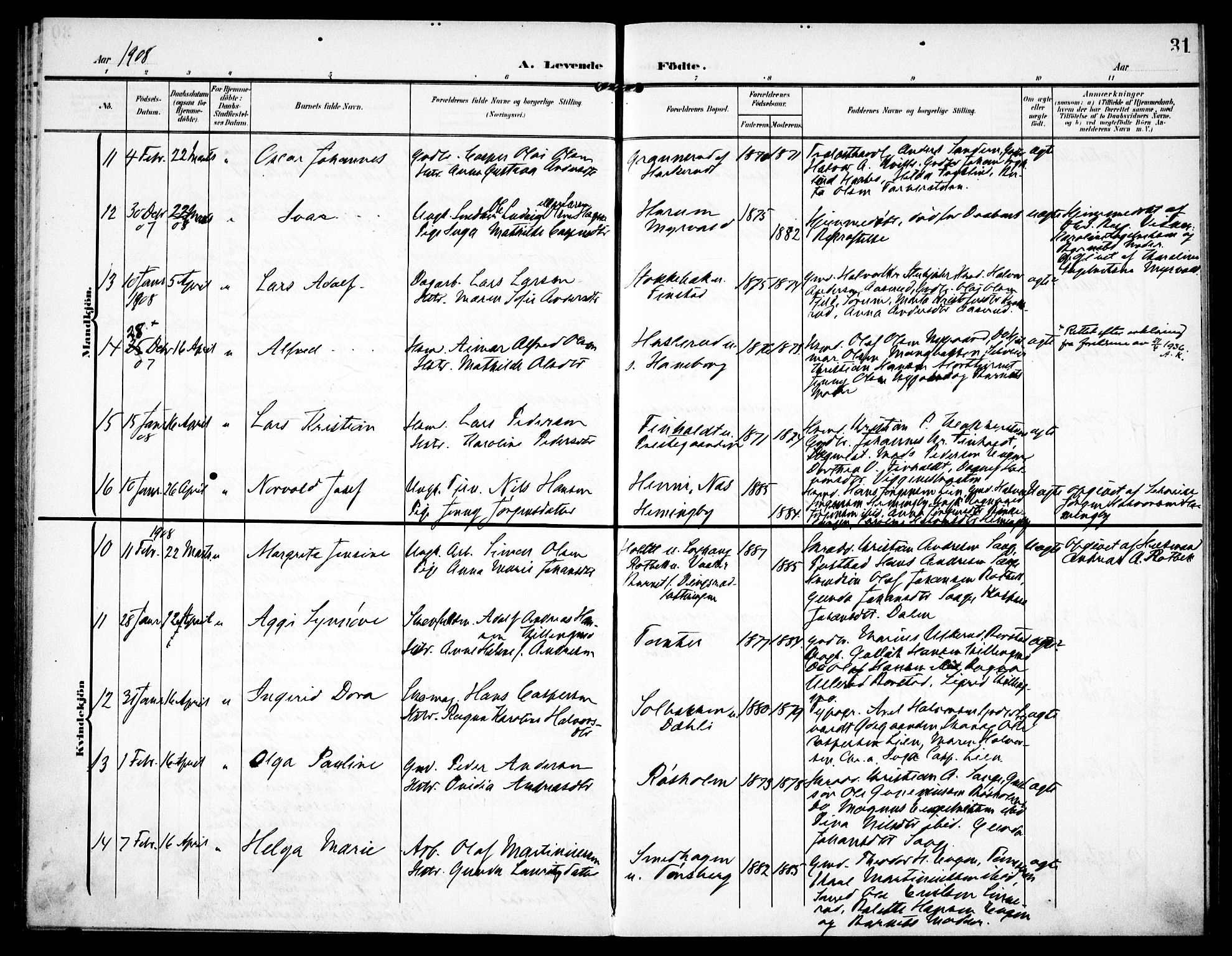 Aurskog prestekontor Kirkebøker, SAO/A-10304a/F/Fa/L0011: Parish register (official) no. I 11, 1905-1911, p. 31