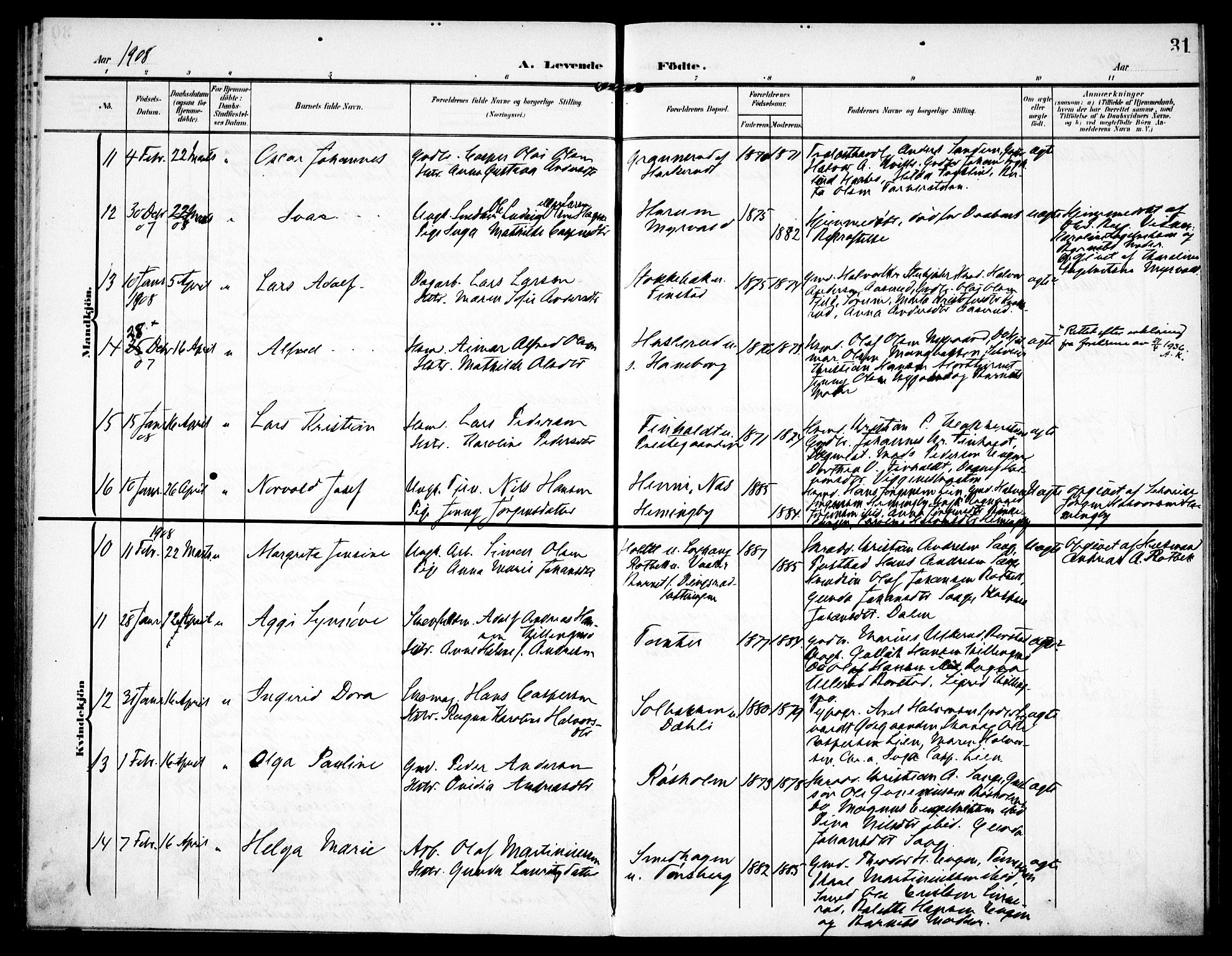 Aurskog prestekontor Kirkebøker, AV/SAO-A-10304a/F/Fa/L0011: Parish register (official) no. I 11, 1905-1911, p. 31