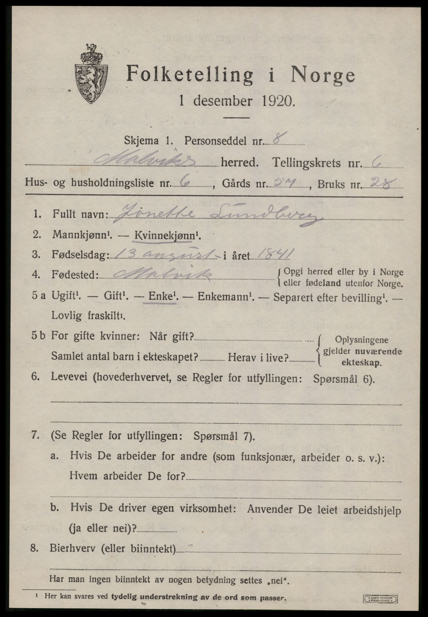 SAT, 1920 census for Malvik, 1920, p. 5426