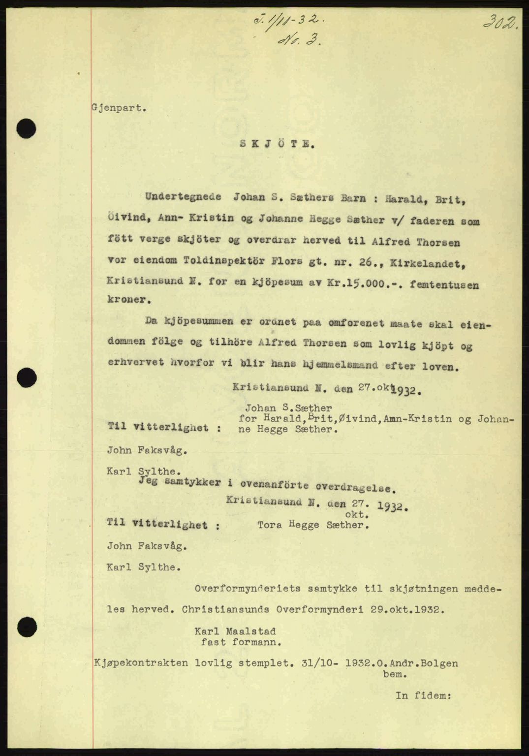 Kristiansund byfogd, AV/SAT-A-4587/A/27: Mortgage book no. 26, 1931-1933, Deed date: 01.11.1932