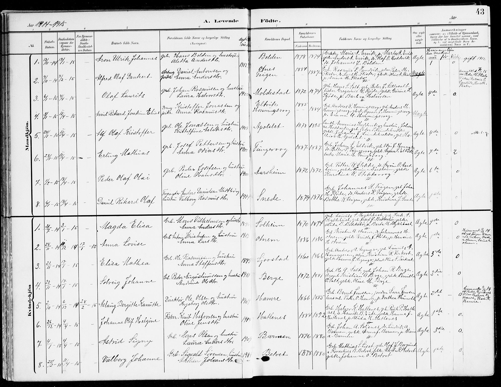 Selje sokneprestembete, SAB/A-99938/H/Ha/Haa/Haab: Parish register (official) no. B 3, 1908-1923, p. 43