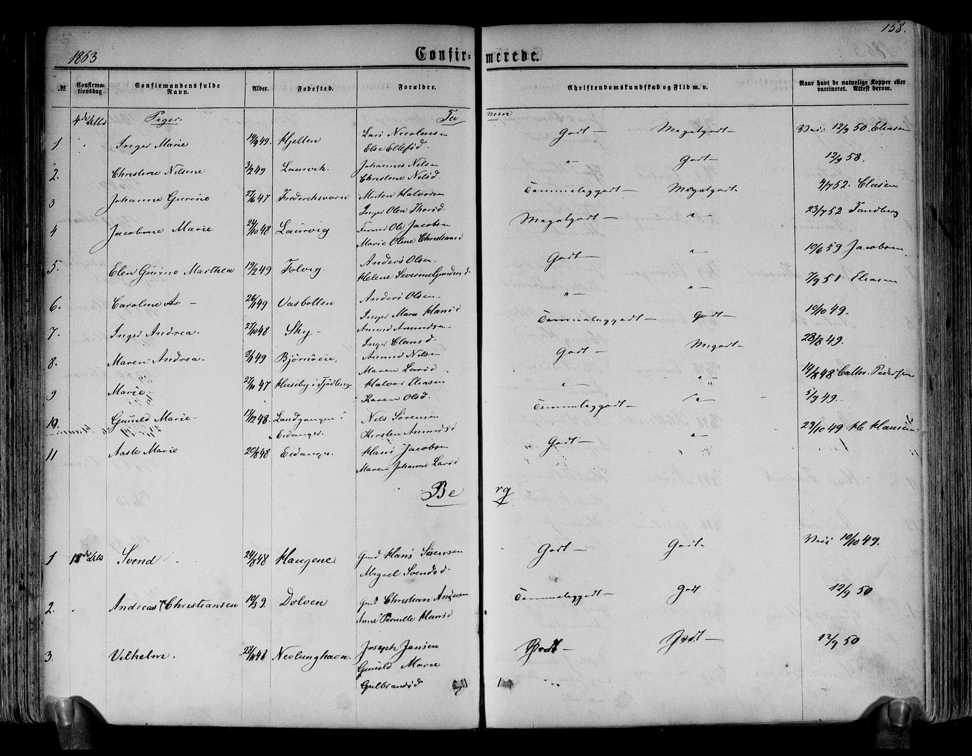 Brunlanes kirkebøker, AV/SAKO-A-342/F/Fa/L0005: Parish register (official) no. I 5, 1862-1877, p. 158