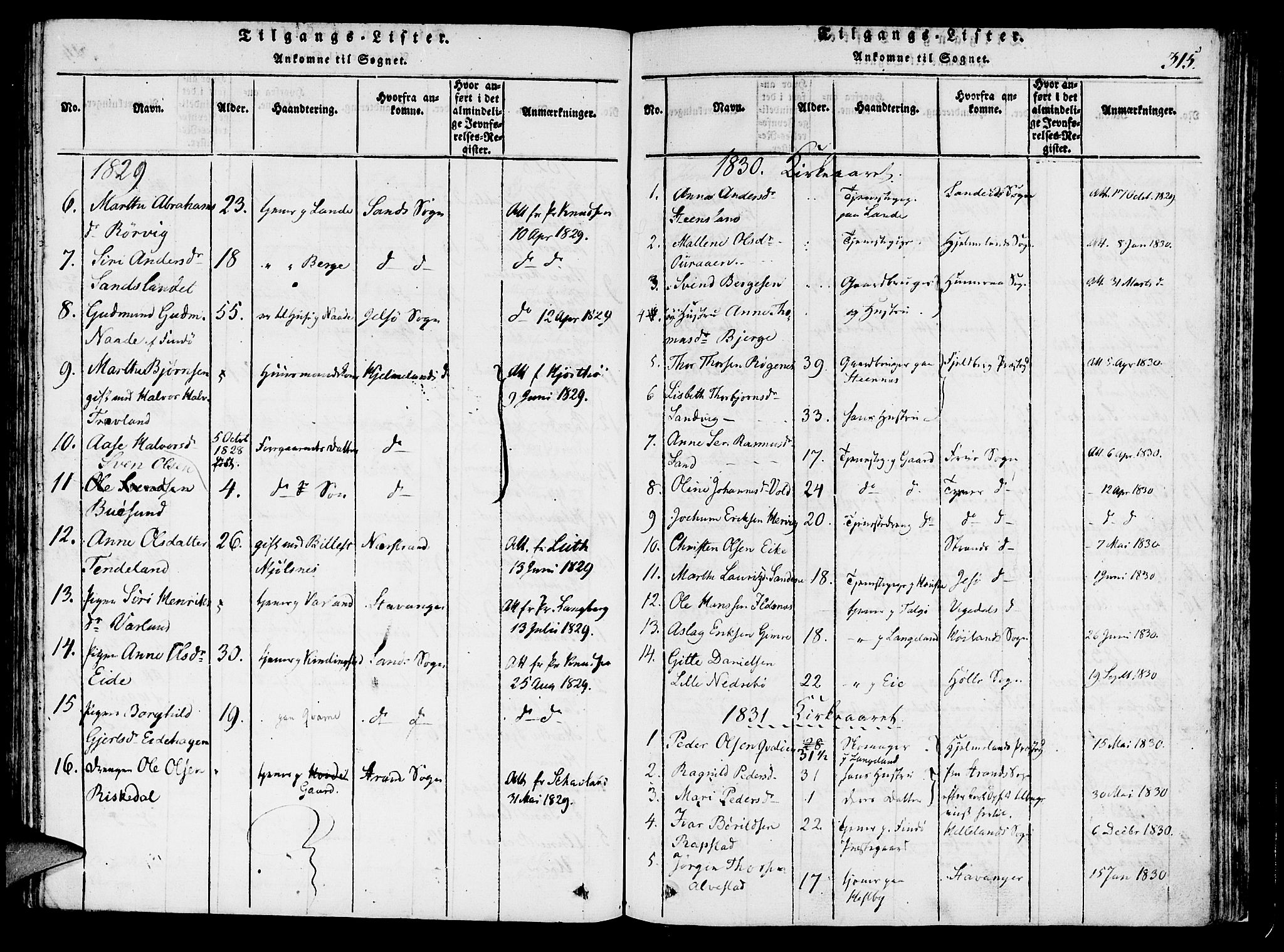 Finnøy sokneprestkontor, SAST/A-101825/H/Ha/Haa/L0006: Parish register (official) no. A 6, 1816-1846, p. 315