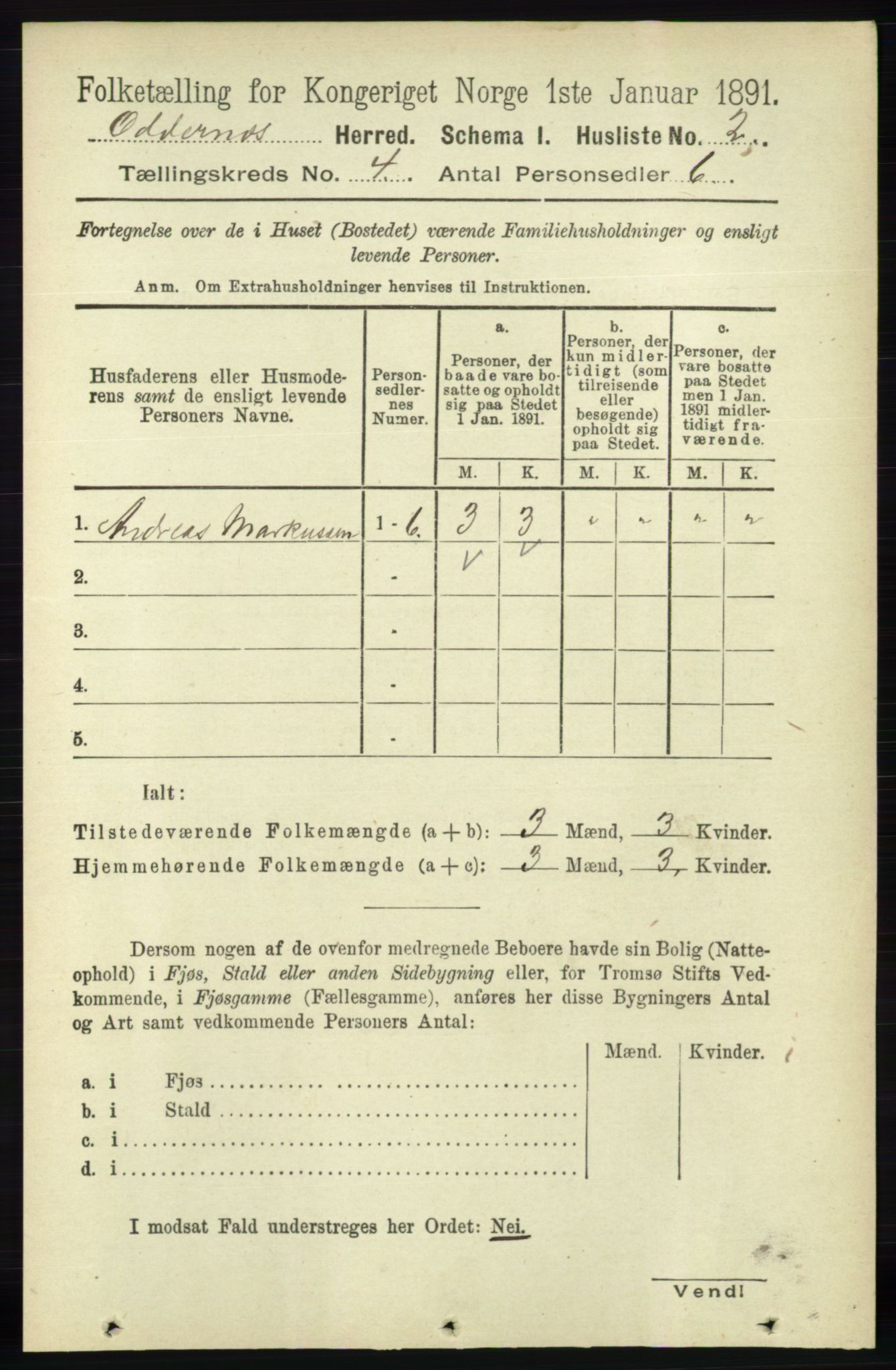 RA, 1891 census for 1012 Oddernes, 1891, p. 1190