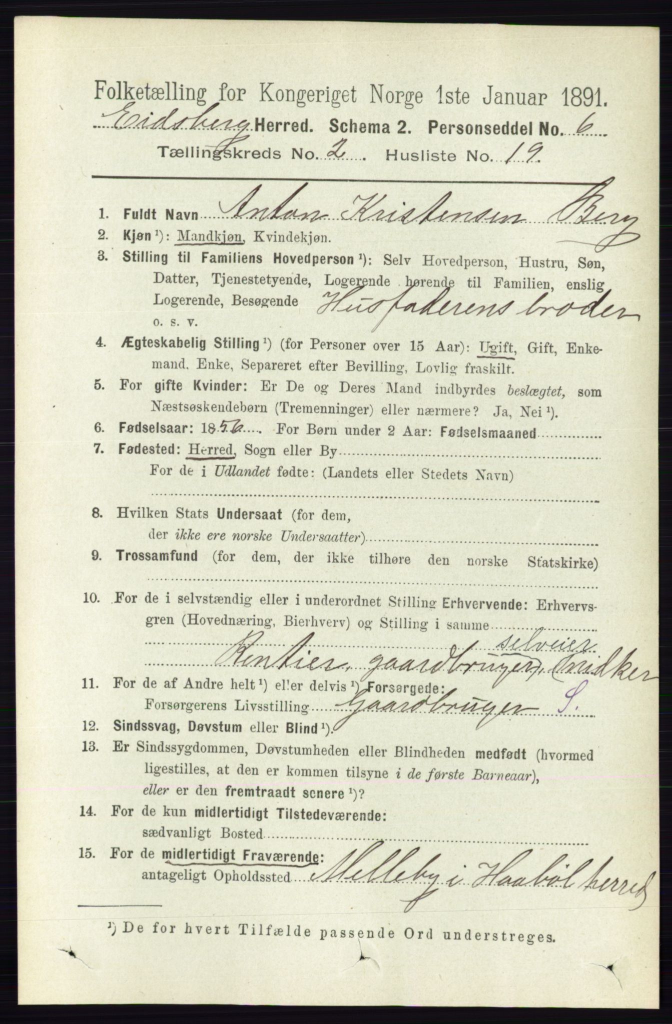 RA, 1891 census for 0125 Eidsberg, 1891, p. 943