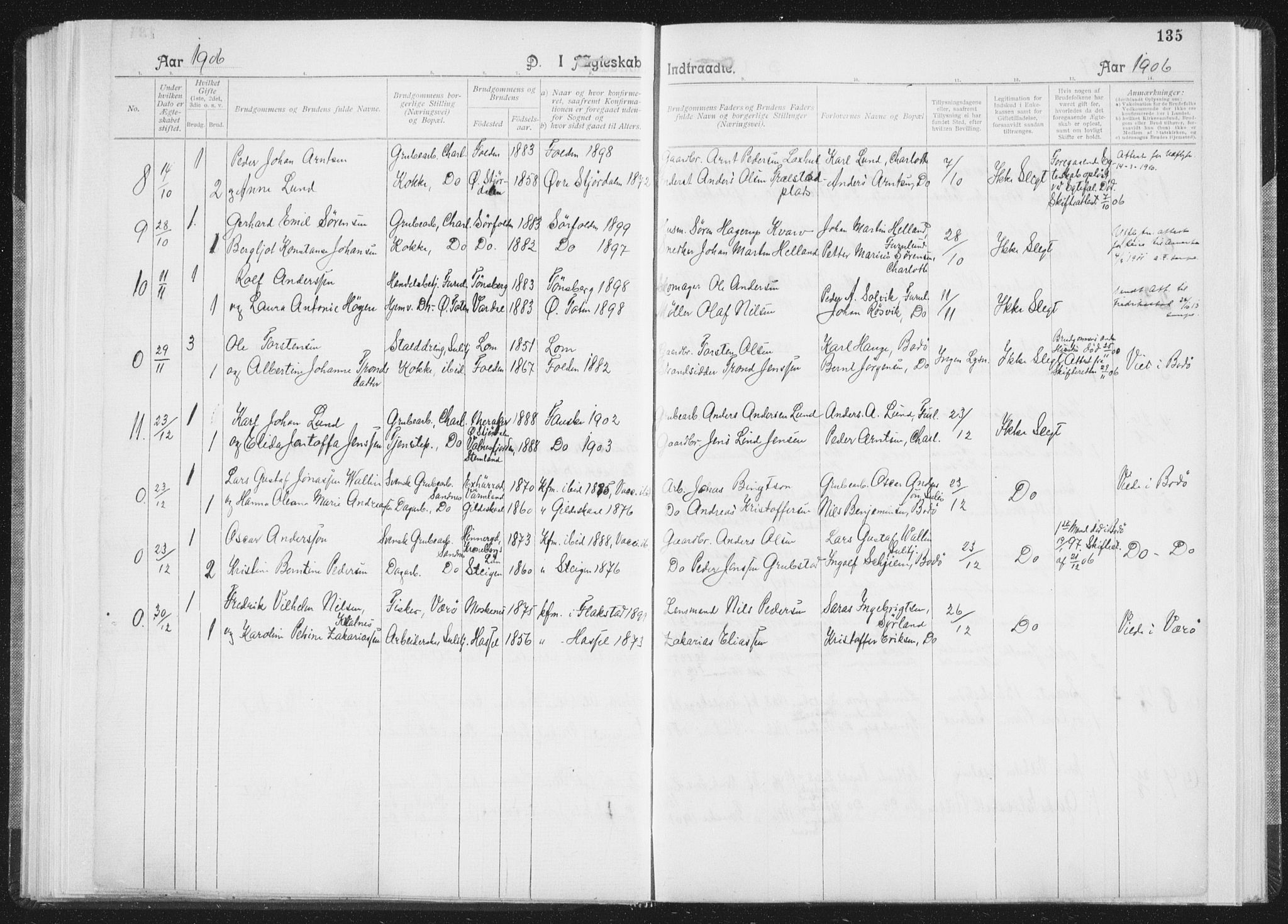 Ministerialprotokoller, klokkerbøker og fødselsregistre - Nordland, AV/SAT-A-1459/850/L0711: Curate's parish register no. 850B01, 1902-1915, p. 135