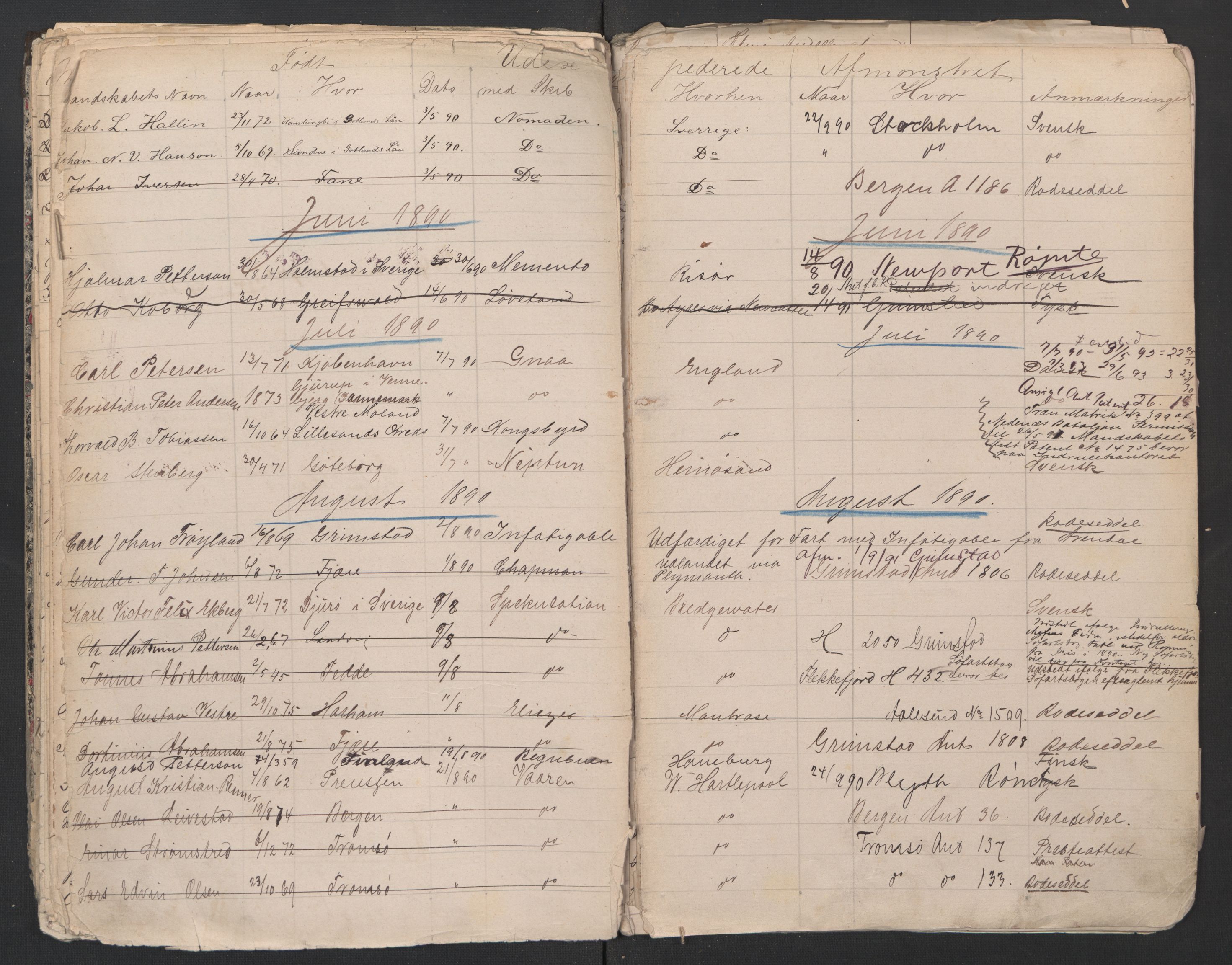 Grimstad mønstringskrets, AV/SAK-2031-0013/F/Fb/L0015/0006: Register til hovedruller og patenter, V-28 / Midlertidig patenter, 1879-1899, p. 43