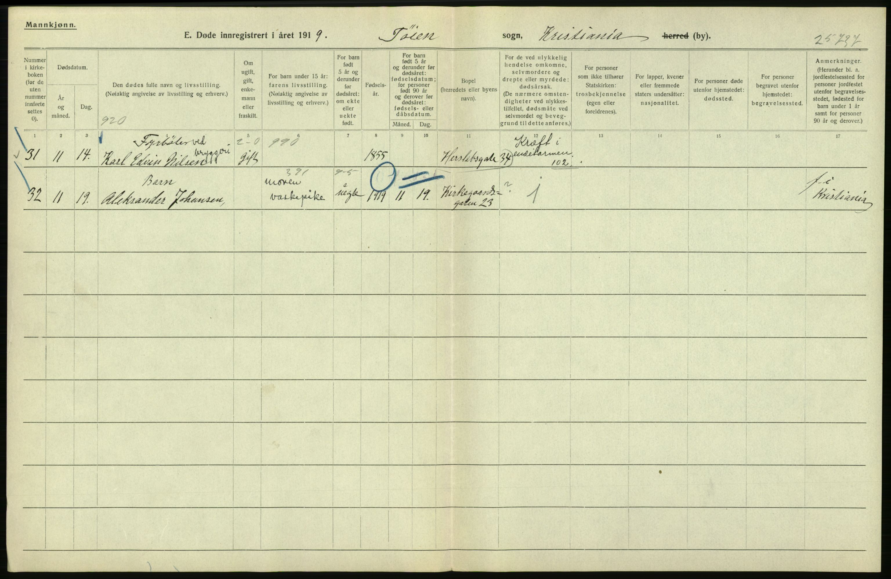 Statistisk sentralbyrå, Sosiodemografiske emner, Befolkning, RA/S-2228/D/Df/Dfb/Dfbi/L0010: Kristiania: Døde, 1919, p. 486