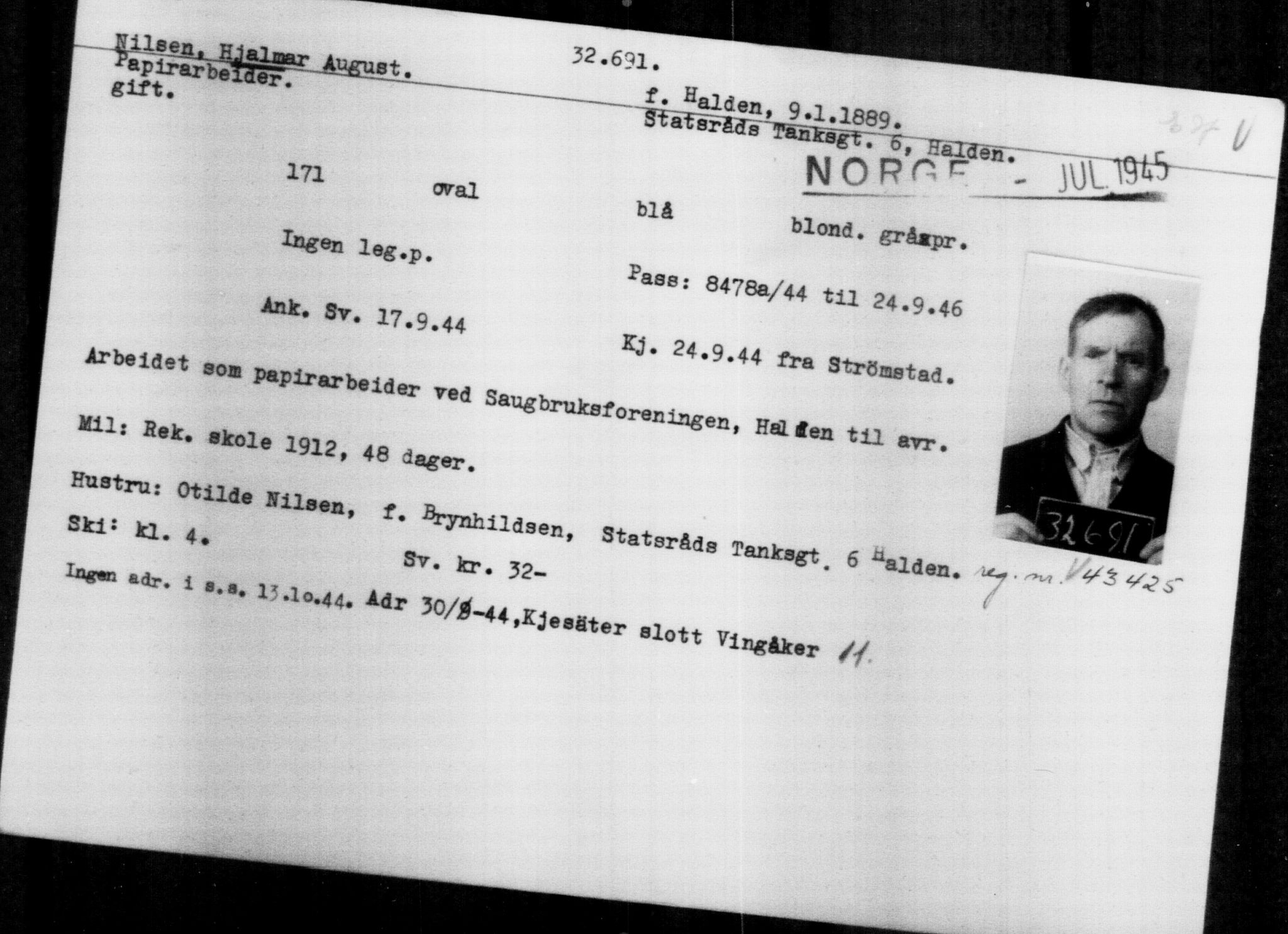 Utenriksstasjonene, Legasjonen i Stockholm, Flyktningkontoret, AV/RA-S-6753/V/Va/L0013: Kjesäterkartoteket, flyktninger med registreringsnr. 31500-34731, 1940-1945, p. 1253