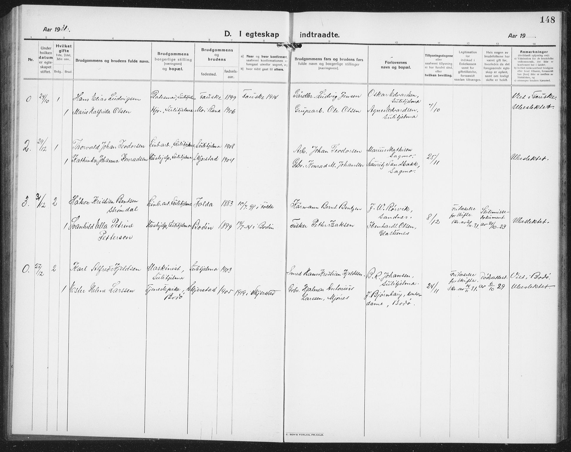 Ministerialprotokoller, klokkerbøker og fødselsregistre - Nordland, AV/SAT-A-1459/850/L0718: Parish register (copy) no. 850C02, 1921-1941, p. 148