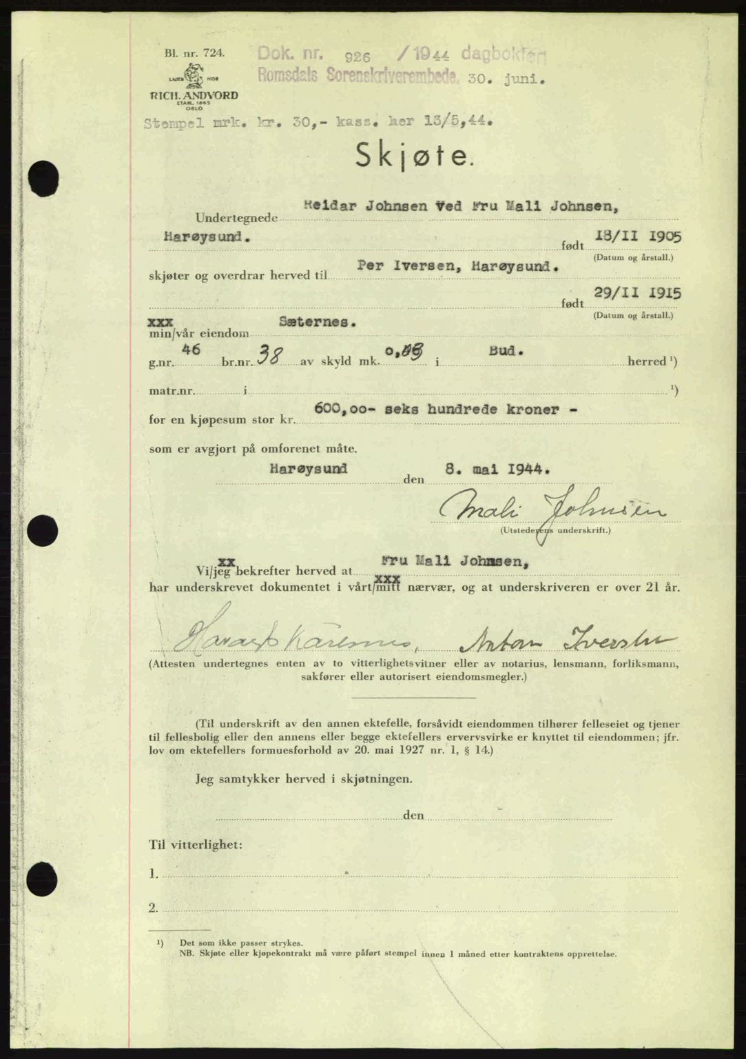 Romsdal sorenskriveri, SAT/A-4149/1/2/2C: Mortgage book no. A16, 1944-1944, Diary no: : 926/1944