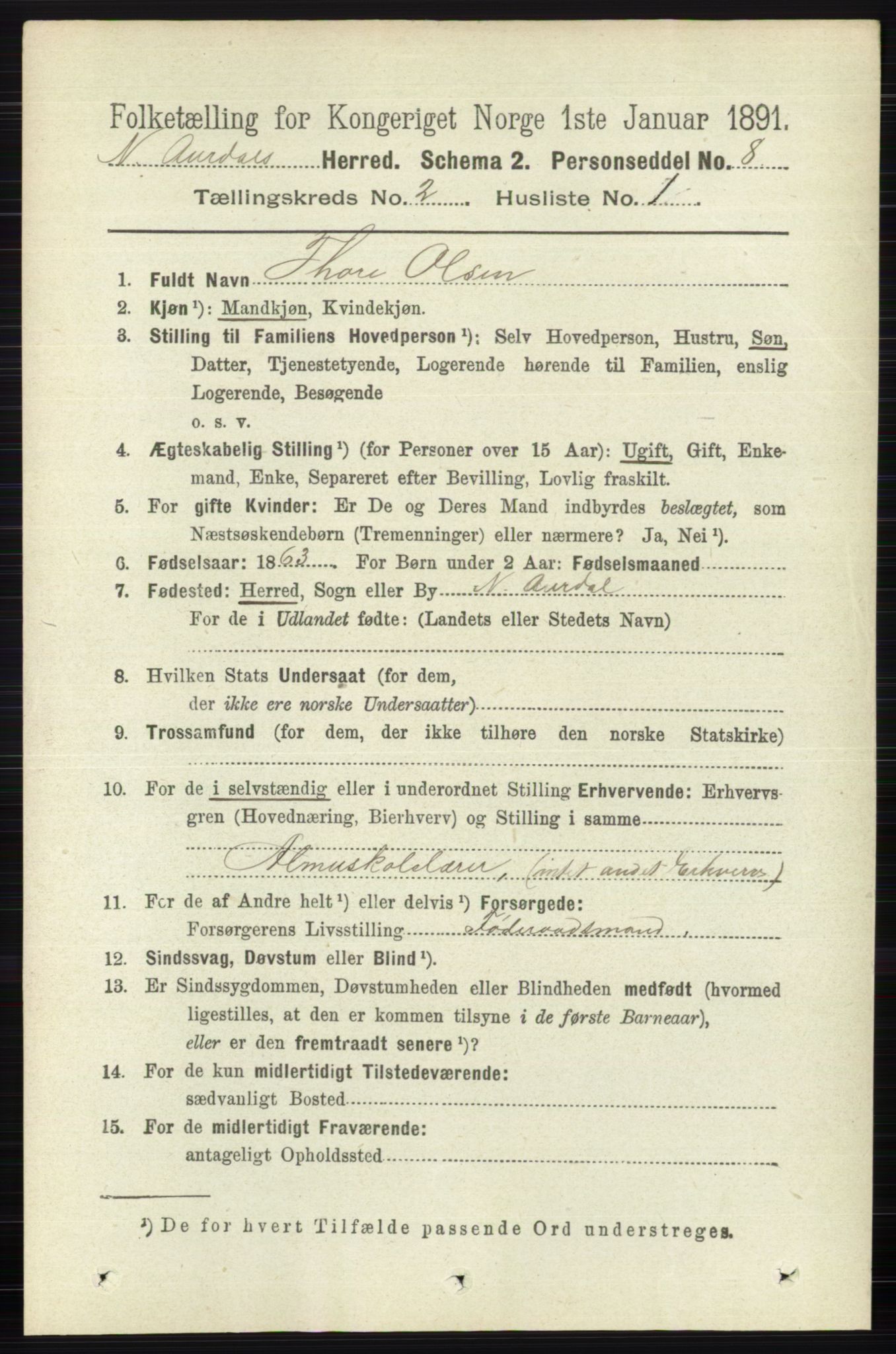 RA, 1891 census for 0542 Nord-Aurdal, 1891, p. 599