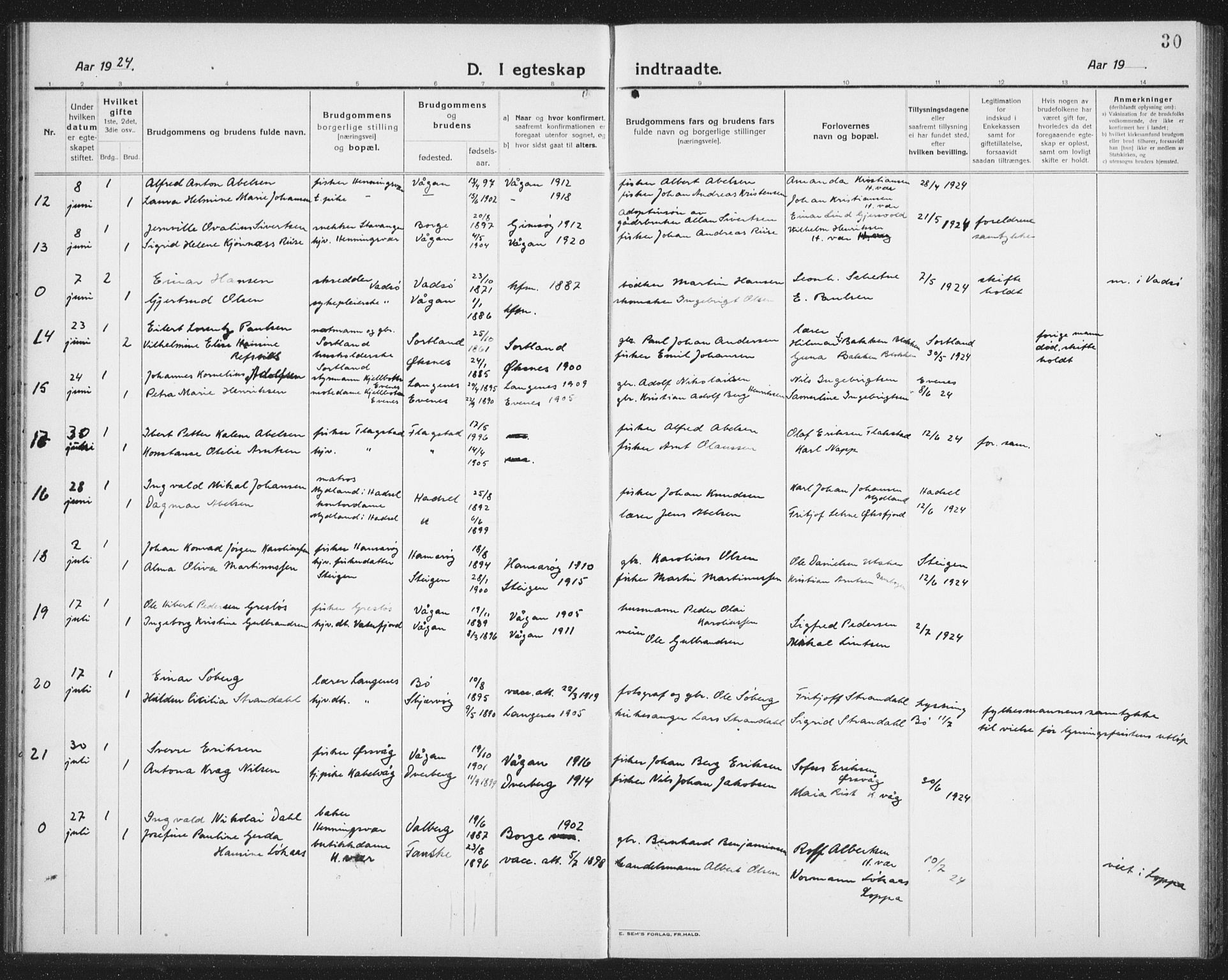 Ministerialprotokoller, klokkerbøker og fødselsregistre - Nordland, AV/SAT-A-1459/874/L1082: Parish register (copy) no. 874C11, 1920-1939, p. 30